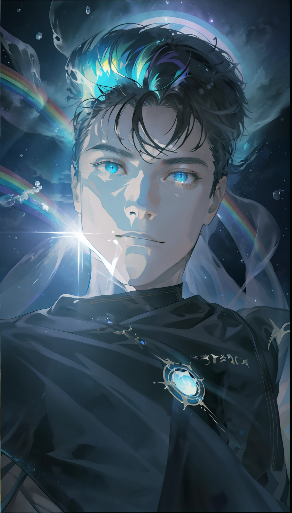 masterpiece, best quality, 1 male, adult, mature, tall muscular guy, Dark theme, Magic circle, bubble, rainbow Sunlight, Underwater, Reflected mirror, floating piece of Glass, Rainbow light, Bubble Swirling, wind Swirling, Aurora, fantasy scenery, Starlight around the character, (upper body)