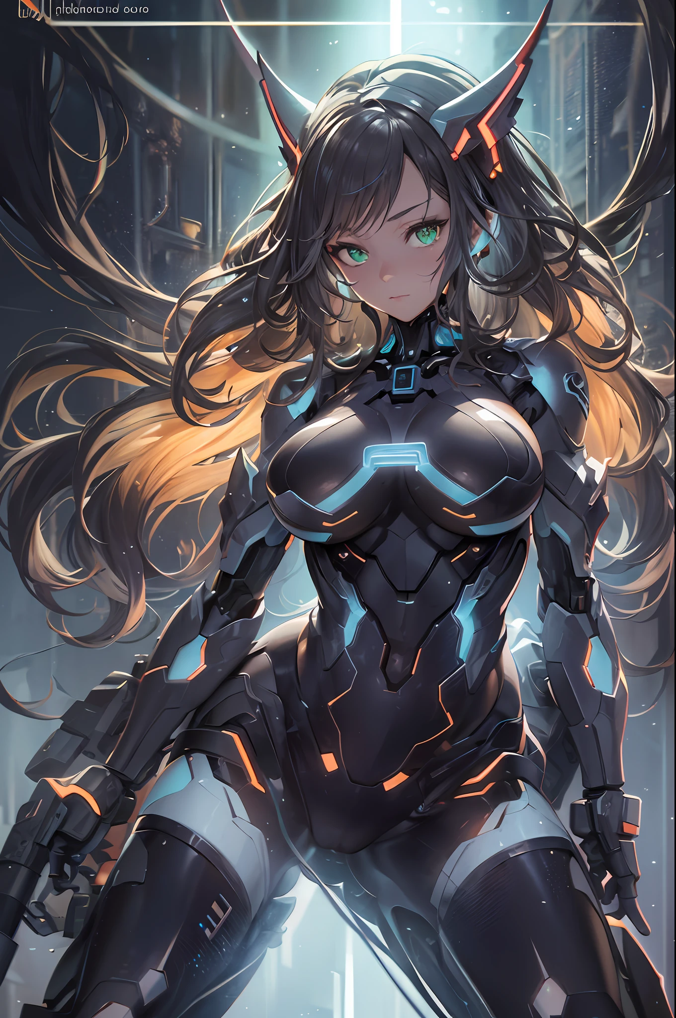 (Highres), 4K, 8K, Detailed Illustration, (full body shot:1.4), Ultra-Detailed, Ambient Light, Backlighting, Realistic Shadows, Glowing Particles, Digital Art, Detailed Face, Detailed Hair, Hyper-Detailed Eyes, Soft Light, Soft Lighting, mature face, milf, huge hips, full body, full body portrait, highly detailed face, Mecha, cosmic body, aura, metallic Articulation, dark hair ,glowing veins, steaming_body, glowing aura, green eyes, dark room full of cables, dark studio