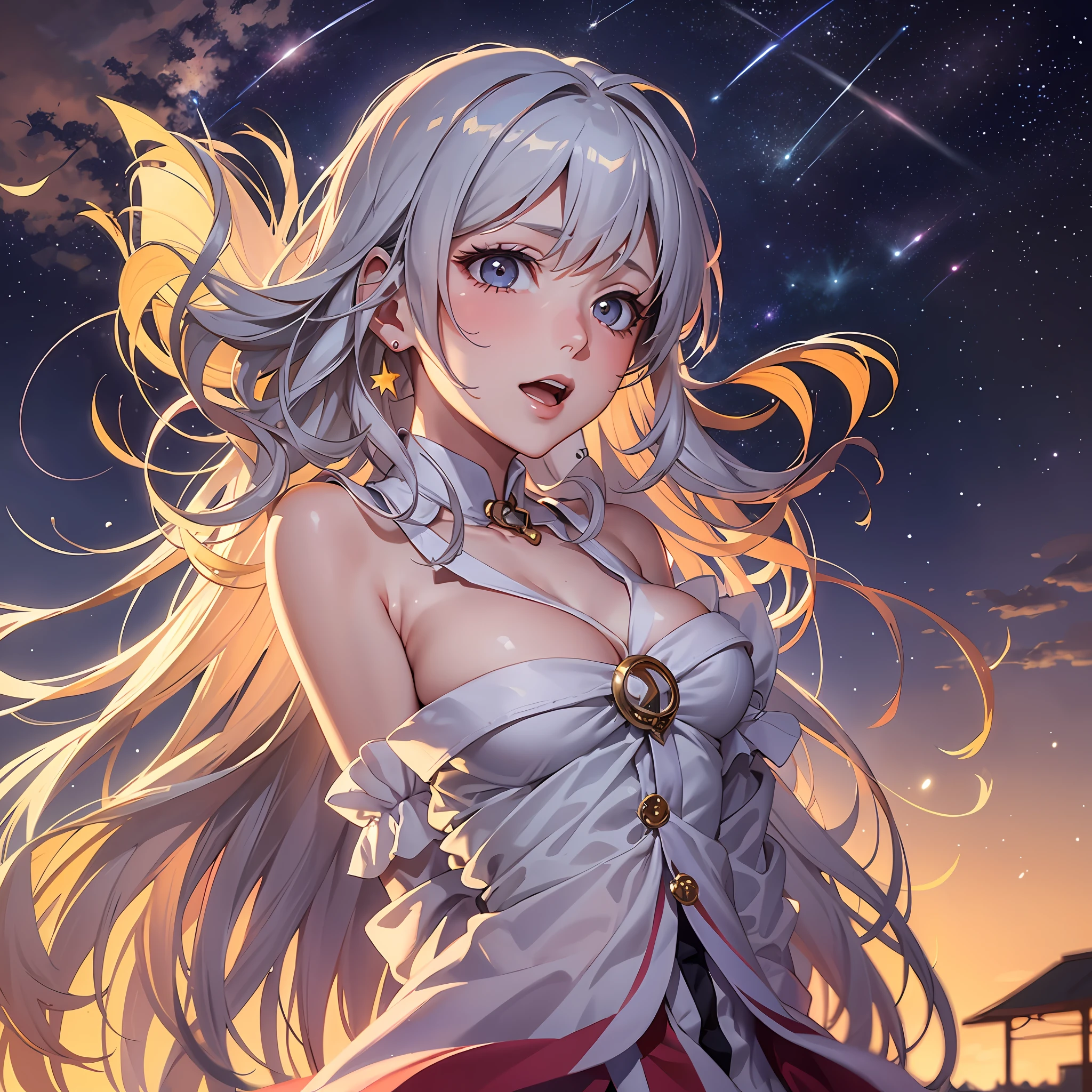 In the heart of a tranquil and remote rural region, away from the city's hustle and bustle, a 19-year-old beautiful girl named Stella found herself immersed in the enchanting embrace of a summer vacation. With her eyes as bright and twinkling as the stars above, and her sun-kissed hair flowing like a golden river, Stella's allure mirrored the pristine beauty of the unspoiled countryside. As the sun dipped below the horizon, painting the sky in hues of orange and pink, Stella would venture outside into the cool night air. The absence of skyscrapers allowed the stars to shine with unparalleled brilliance, turning the midnight sky into a celestial canvas. Lying on a blanket beneath the vast expanse of stars, Stella would gaze upward in awe. The air was clean and clear, free from the city's pollution, allowing her to witness shooting stars streaking across the sky with remarkable clarity. Each meteor left a trail of stardust in its wake, creating a breathtaking spectacle that filled her heart with wonder. With each passing shooting star, Stella made a wish, her dreams and aspirations intertwined with the celestial magic above. She felt a profound connection to the universe, as if the cosmos were listening to her heart's desires, promising her that anything was possible. As the night progressed, the symphony of crickets and the distant hoot of an owl added to the serenity of the moment. The countryside embraced her in its quiet beauty, inviting her to relish the simplicity of life's little treasures. In this remote region, away from the city lights, Stella found herself far removed from the distractions of modern life. She was free to bask in the vastness of the universe, to contemplate the mysteries of existence, and to find solace in the peacefulness of the night. In the stillness of the night, Stella's thoughts drifted to the memories she had made throughout her summer vacation. The laughter shared with friends, the warm embrace of family.