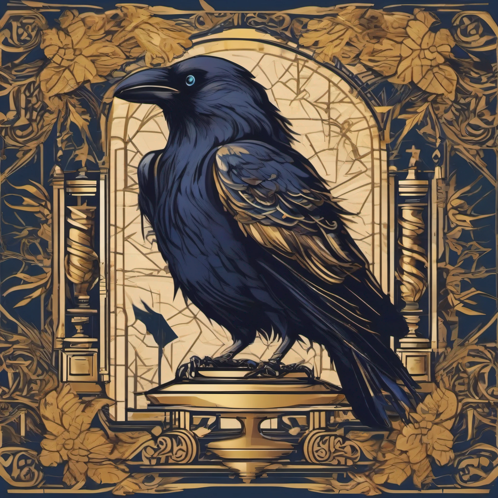 As a symbol of wisdom and time、Create a logo with the image of a beautiful crow next to the hourglass。The crow is represented by a silhouette、The hourglass is designed with attention to detail、Combine sophisticated fonts to complete your logo。The logo color scheme includes::::::、Use dark blue and gold colors、Expressing nobility and intelligence。