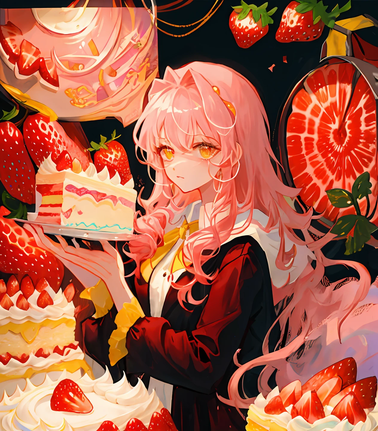 Long pink curly hair,Yellow eyes,Holding a strawberry cake