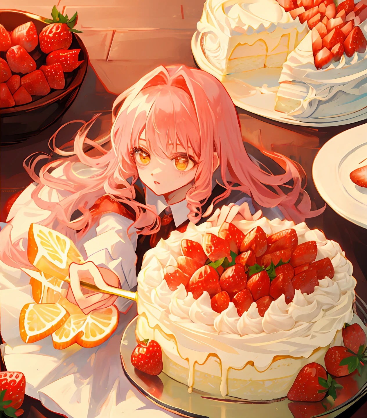 Long pink curly hair，Yellow eyes，Holding a strawberry cake