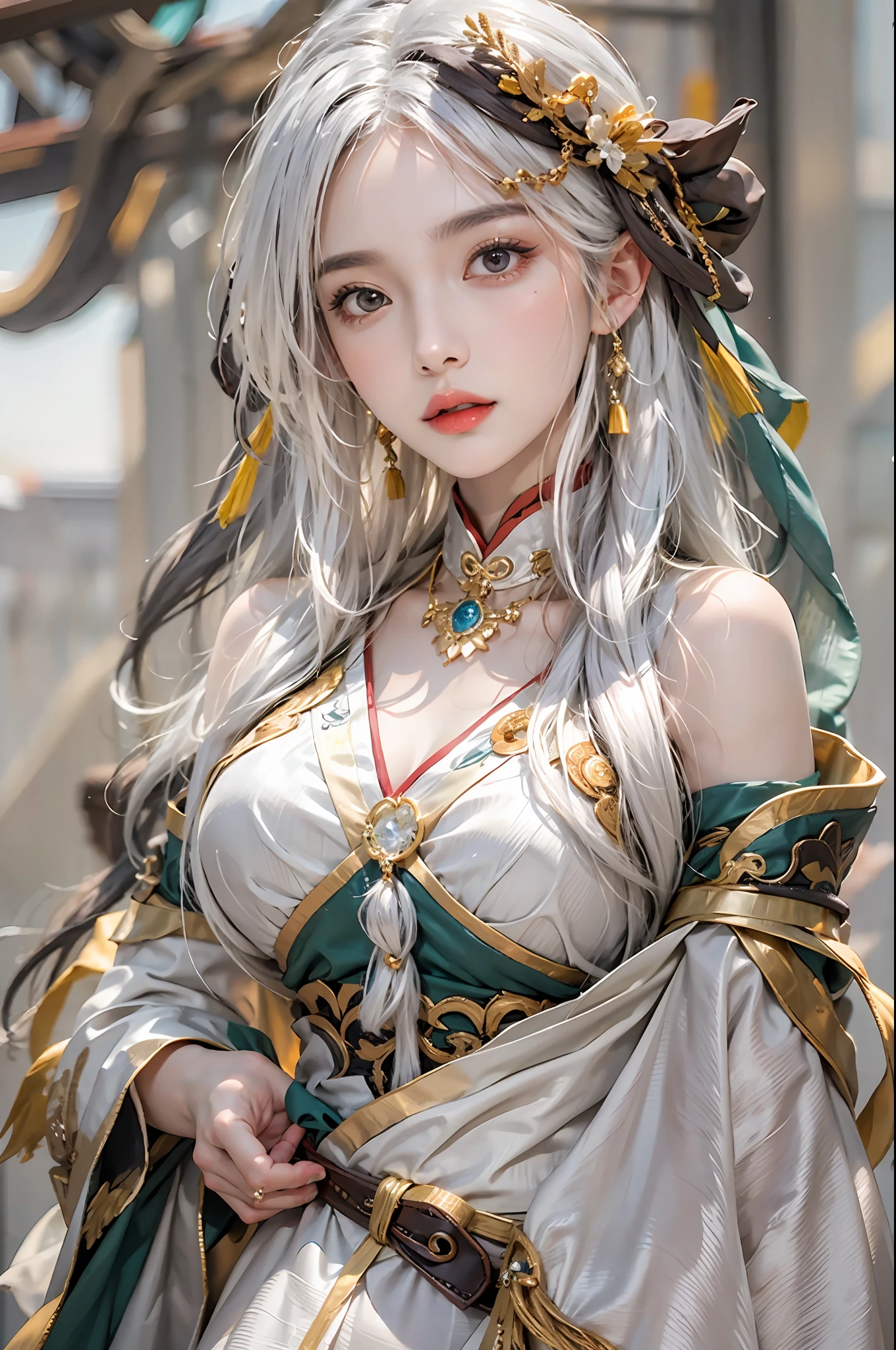 photorealistic, high resolution, 1women, solo, hips up, look at viewer, (detailed face), narrow waist, closed lips, white hair, long hair, ganyu costume, genshin impact, jewelry