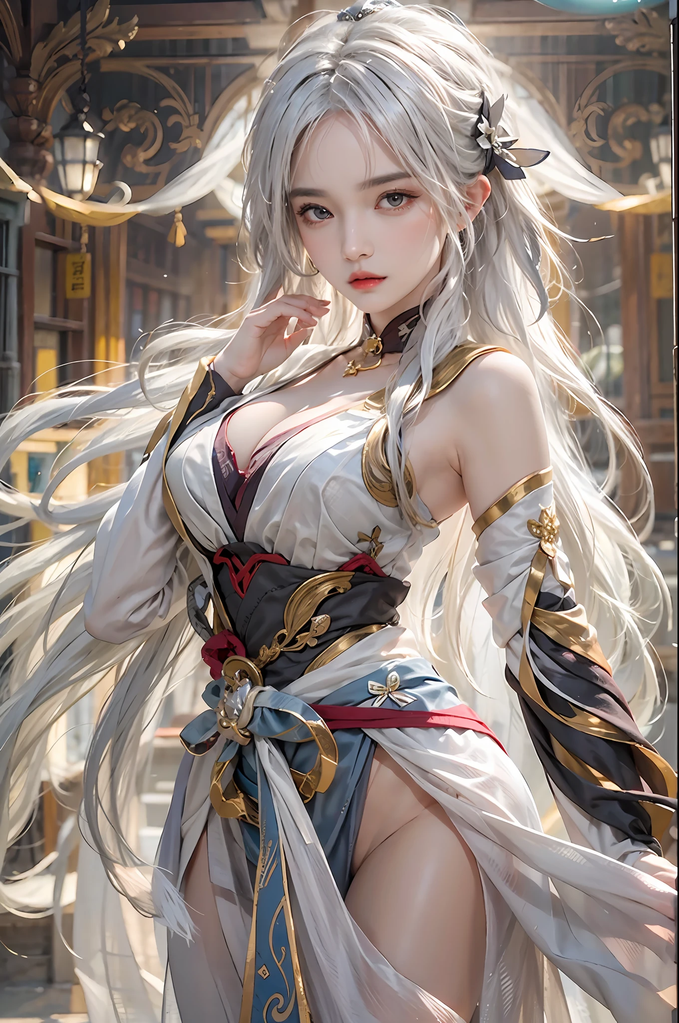 photorealistic, high resolution, 1women, solo, hips up, look at viewer, (detailed face), narrow waist, closed lips, white hair, long hair, ganyu costume, genshin impact, jewelry