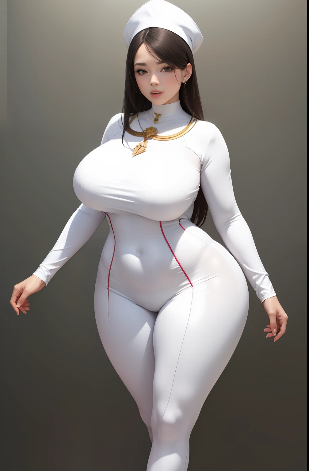 White bishop costume，a matural female，voluptuous figure，tightsuit