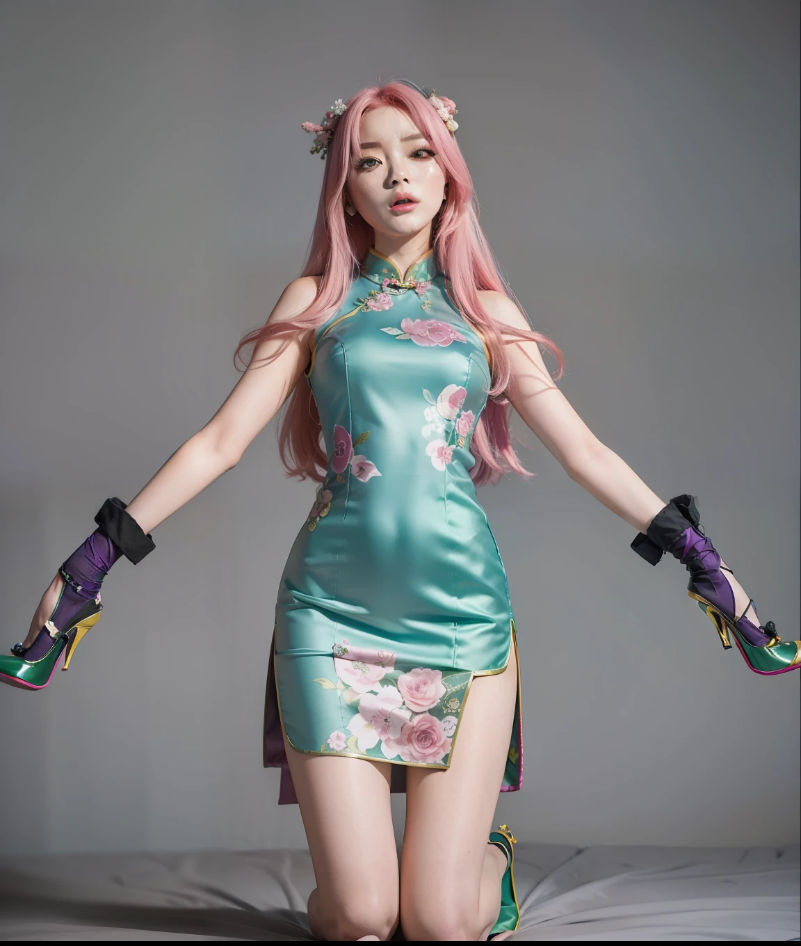 "Perfect,4K,Live cos，A pink-haired，mitts，climaxing，shuang，Kneeling，Beds，Royal Sister，Green cheongsam，green high heels，"