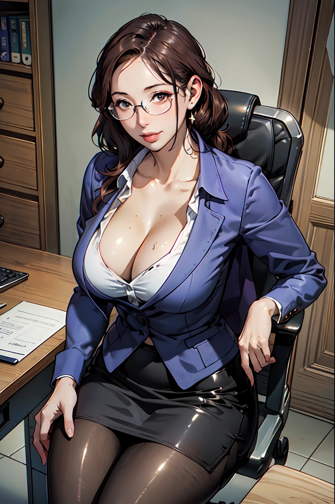 (high resolution,masterpiece,best quality,  official art:1.5),  realistic, photo,  amazing fine details,  all intricate, gloss and shiny,awesome many layers, 8k wall paper,  3d, sketch, illustration, (cleavage), female business-person, glasses, slight smile, 40 years old, brown hair, large breast, toned female, sitting, Seducing Pose, at office, business suit, pantyhose, 30 denier, tight mini straight skirt,  extremely shiny fabric, clothes reflecting light, extremely shiny clothes, extremely wrinkled fabric,