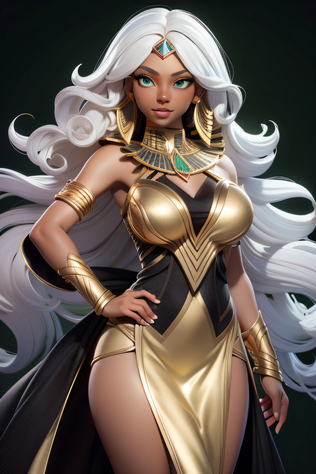 masterpiece, best quality, 1 girl, lime green eyes, dark skin, white hair, long hair, gold earrings, egyptian, jewelry, black dress, simple background, solo, upper body, curly hair