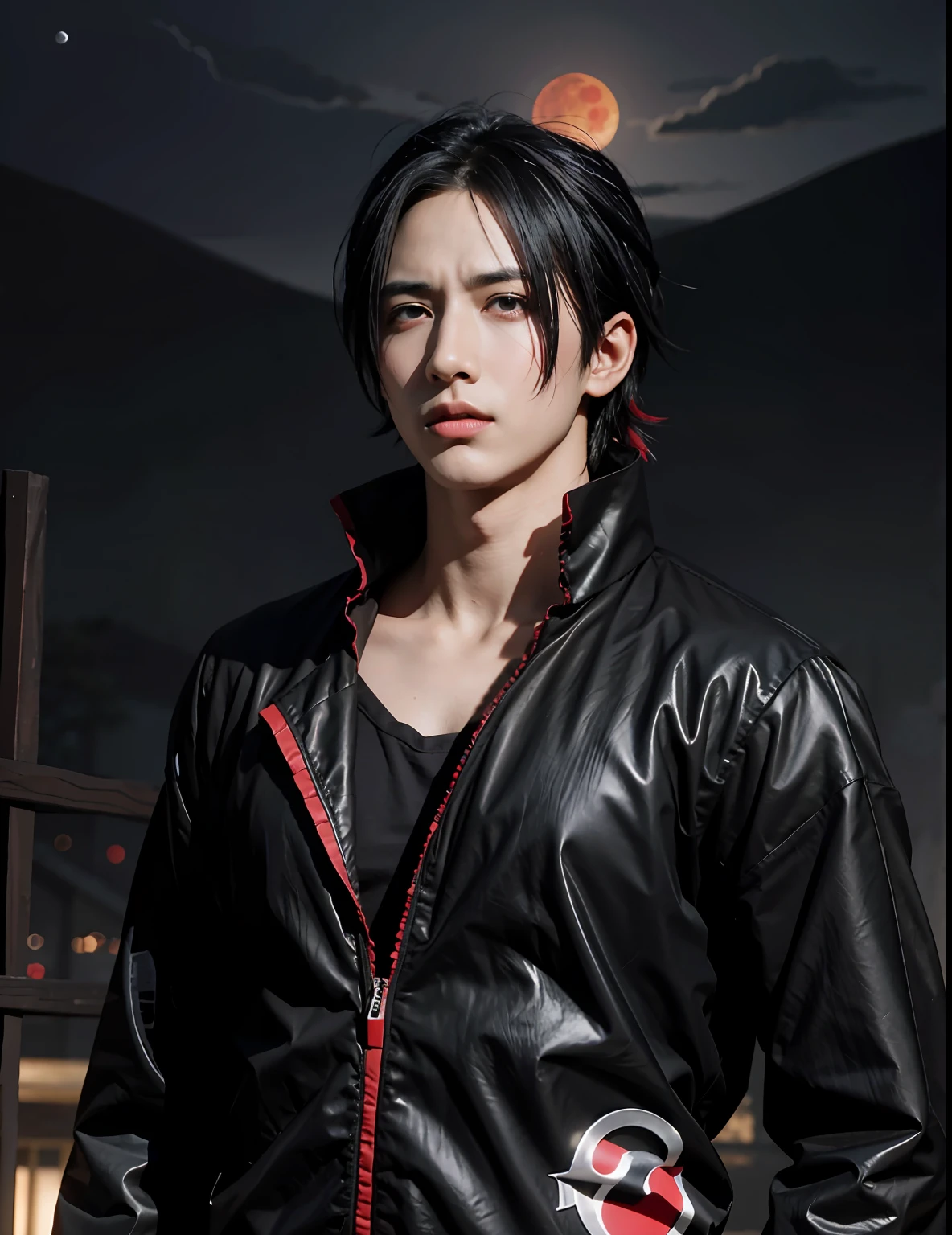 (Masterpiece), Uchiha Itachi (Best Quality), Ultra High Resolution, Professional Artwork, Super Detailed, Complex, Detailed Face, Perfect Lighting, 1 Boy, Black Hair, (Red Eyes, Glow Sharingan Eyes), Akatsuki Costume, Ninja, Black Cloak, Black Coat, Forehead Protection, (Collarbone), Mane, Head, Night, Night Sky, Crescent Moon, (Red Moon, Crow), Angry Face, Nasolabial Folds, Hand Marks, Outdoor, (Cowboy Lens, Long Shot)