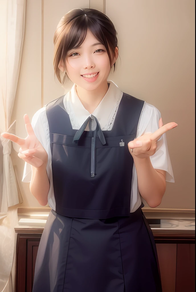 discret smile、Hair parting is short、Straight hair、Turn a straight face、Bangs