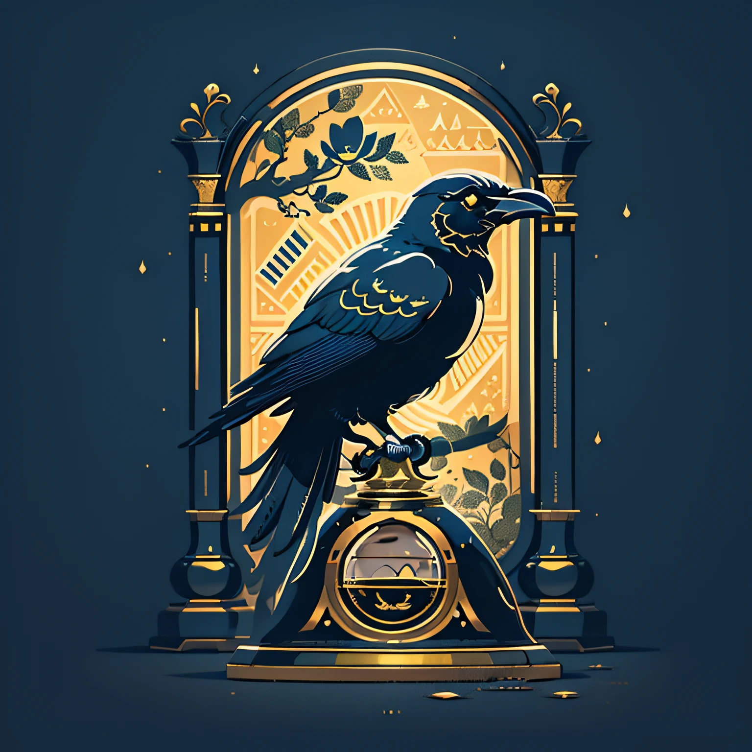 As a symbol of wisdom and time、Create a logo with the image of a beautiful crow next to the hourglass。The crow is represented by a silhouette、The hourglass is designed with attention to detail、Combine sophisticated fonts to complete your logo。The logo color scheme includes:、Use dark blue and gold colors、Expressing nobility and intelligence。