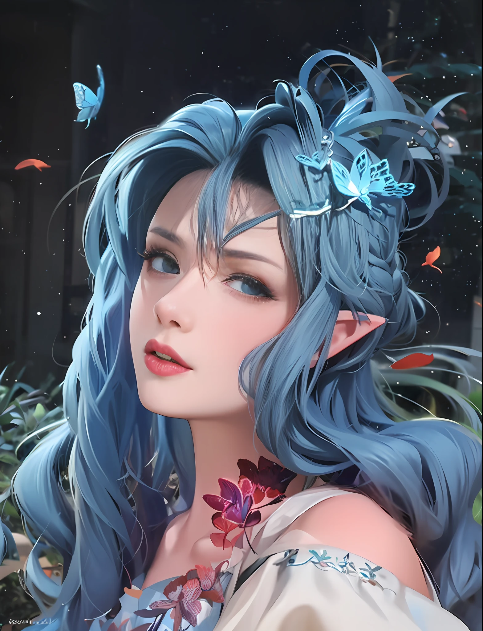 There is a woman with blue hair，There is a butterfly in the hair, portrait of an elf queen, beautiful and elegant elf queen, Fantasy art style, Elf Princess, Digital 2D fantasy art, beautiful elven princess, fantasy style art, Detailed digital 2D fantasy art, portrait of fairy, Epic fantasy art style HD, portrait of very beautiful elf, portrait of a fairy