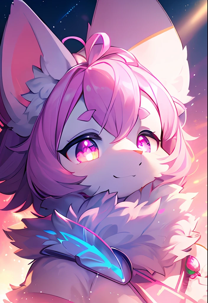 hairy pubic，White fur，hyper cute face，rays of sunshine，Glowing light blue elements on fur，Pink elements on fur Beautiful lights and shadows，Glowing pink pupils，ambient lights，volumettic light