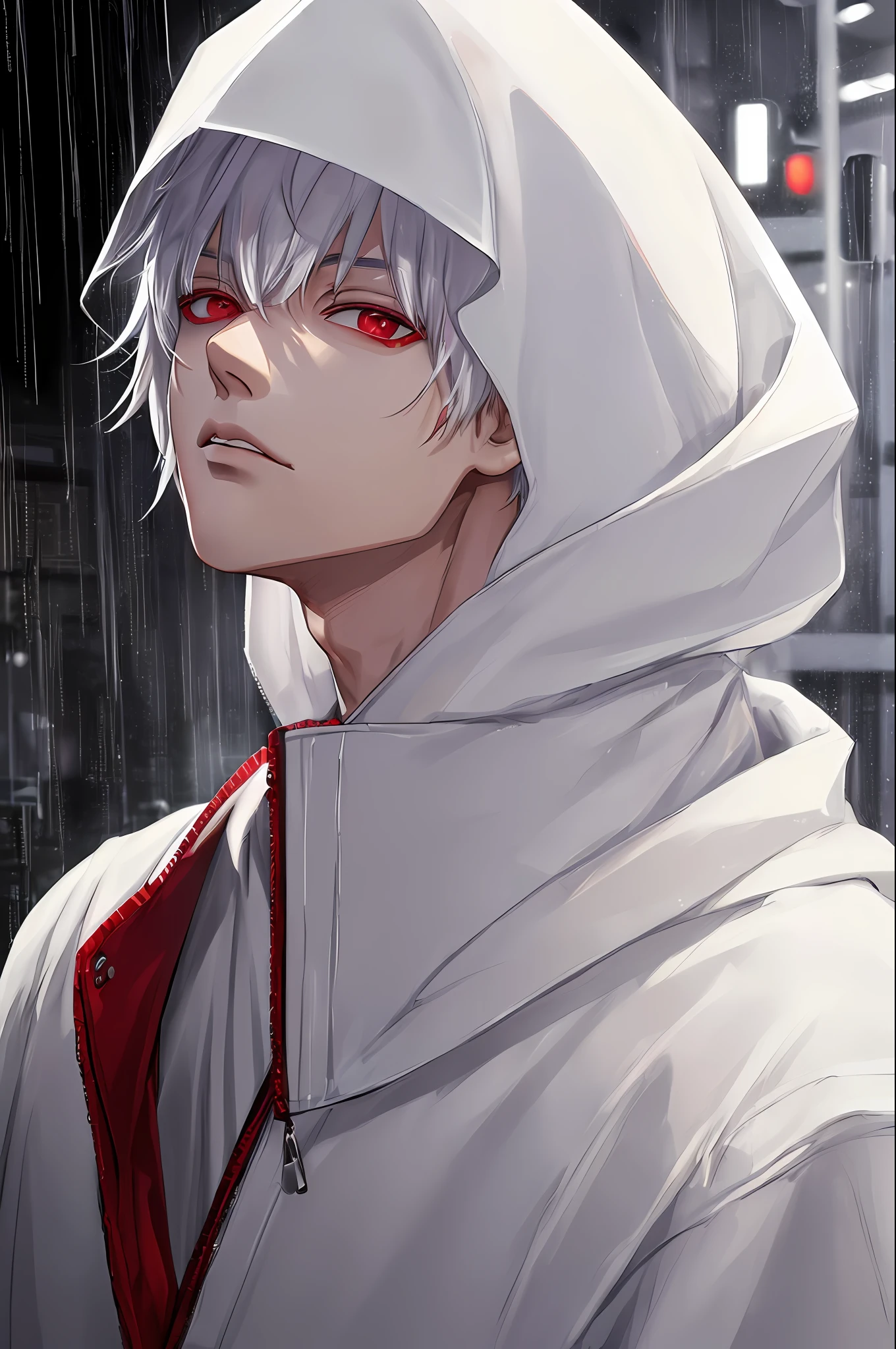 kk, best quality, more details, masterpiece, 1boy, kaneki ken, portrait, male focus, red eyes, solo, bangs, looking at viewer, hood, short hair, rain, tokyo tokyo \(city\),  hood up, nail polish, white hair, luxurious, 8k, detailed, ray tracing, depth of field, cinematic lighting,