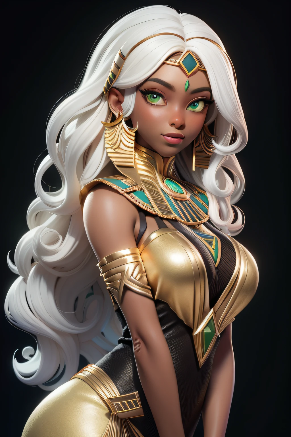 masterpiece, best quality, 1 girl, lime green eyes, dark skin, white hair, long hair, gold earrings, egyptian, jewelry, black dress, simple background, solo, upper body, curly hair