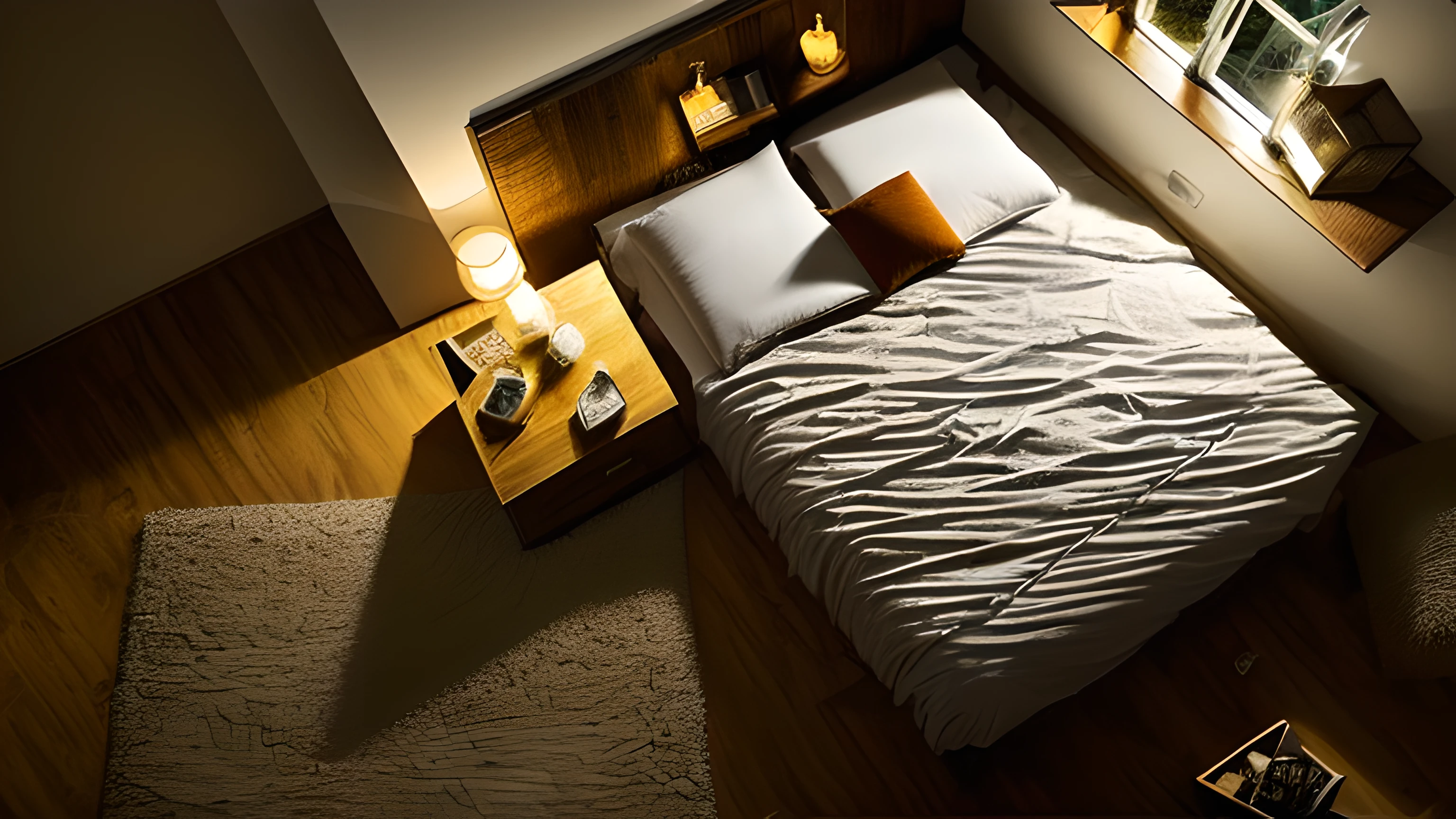 Room window light at night, cama, melancholic environment, hard lighting