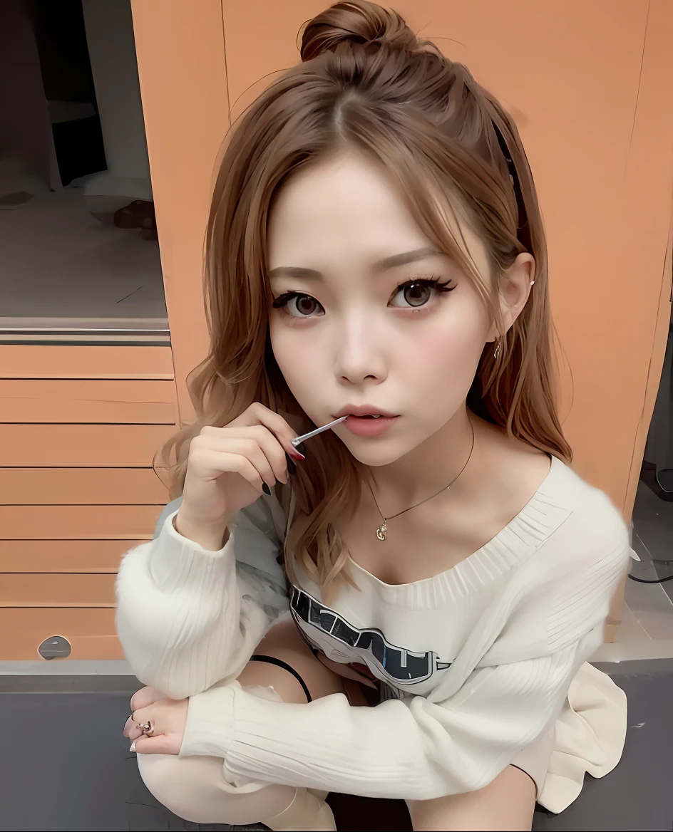 Close up portrait of a person kneeling on the floor with a cigarette, Larisa Manobal, Belle Delphine, tzuyu from twice, Lalisa Manoban in blackpink, ulzzangs, real life anime girl, portrait of japanese gyaru, Korean Girl, Cute elegant pose, 19-year-old girl, dressed with long fluent clothes