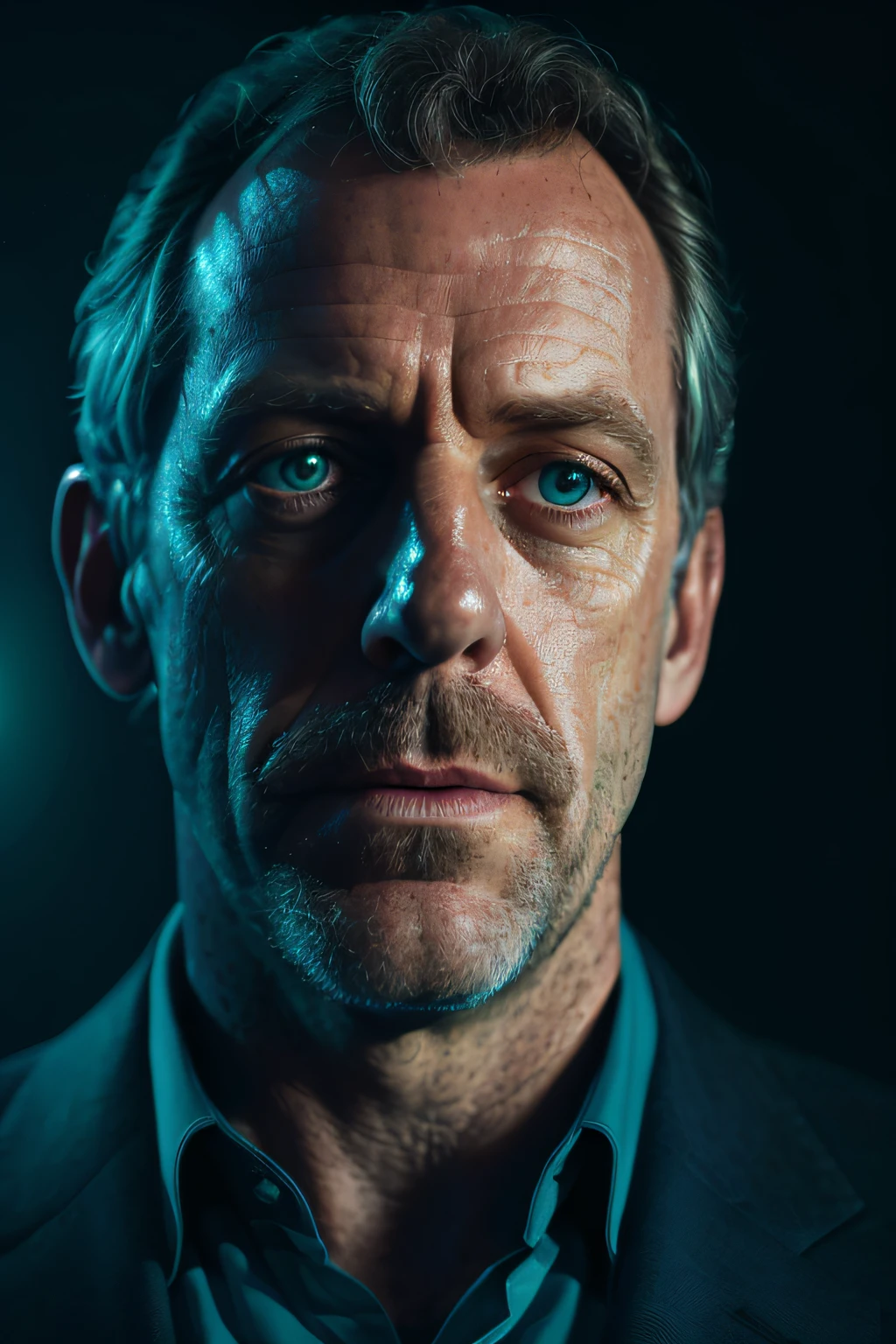 portrait of a award winning photo of hugh laurie posing in a dark studio, (rim lighting,:1.4) two tone lighting, sharp focus, teal hue, octane, unreal, dimly lit, low key,