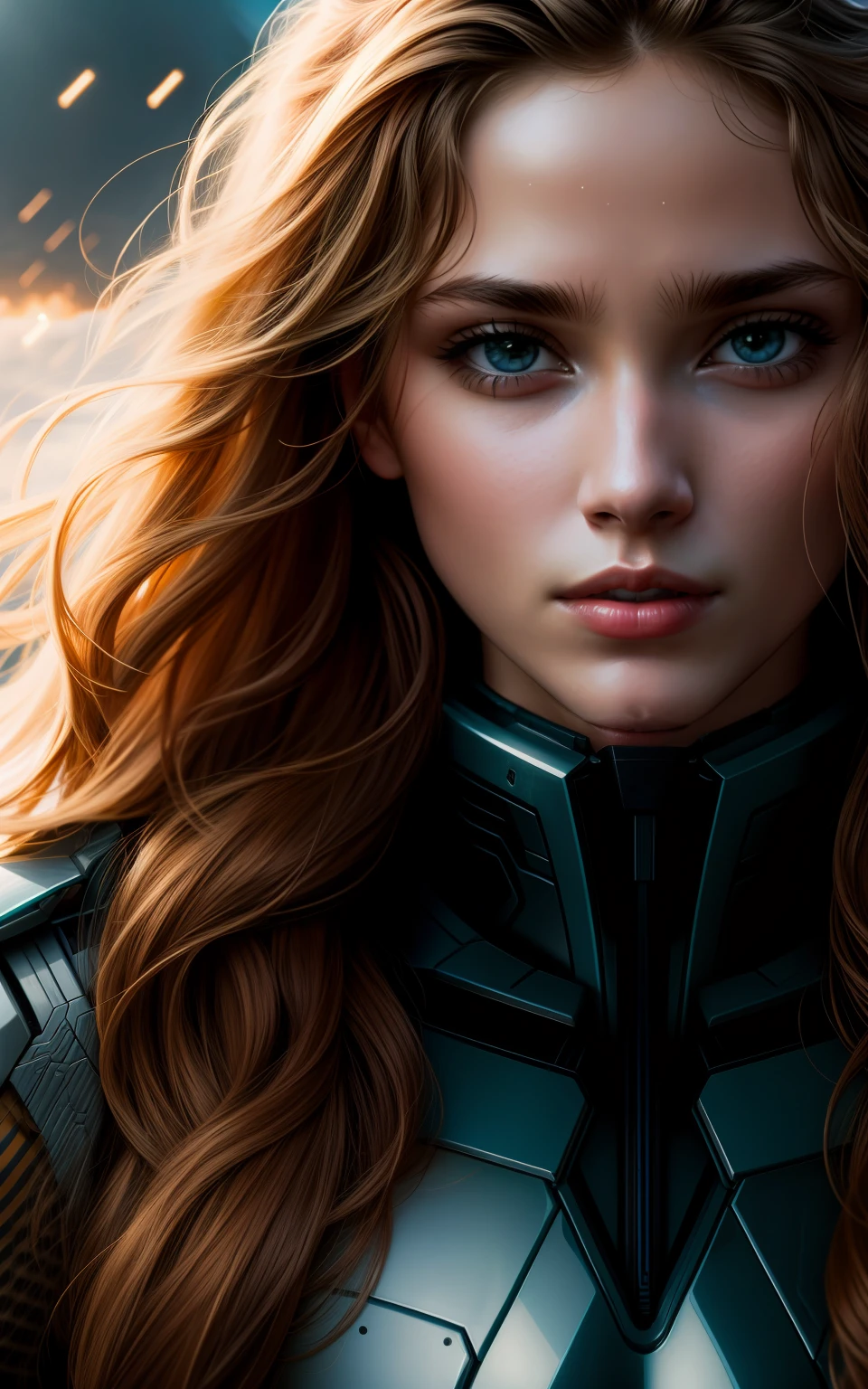 Sci-Fi, Close-up portrait photo of a woman in combat clothing, s face, Long hair, shapely body, 8K UHD, hiquality, Film grain
