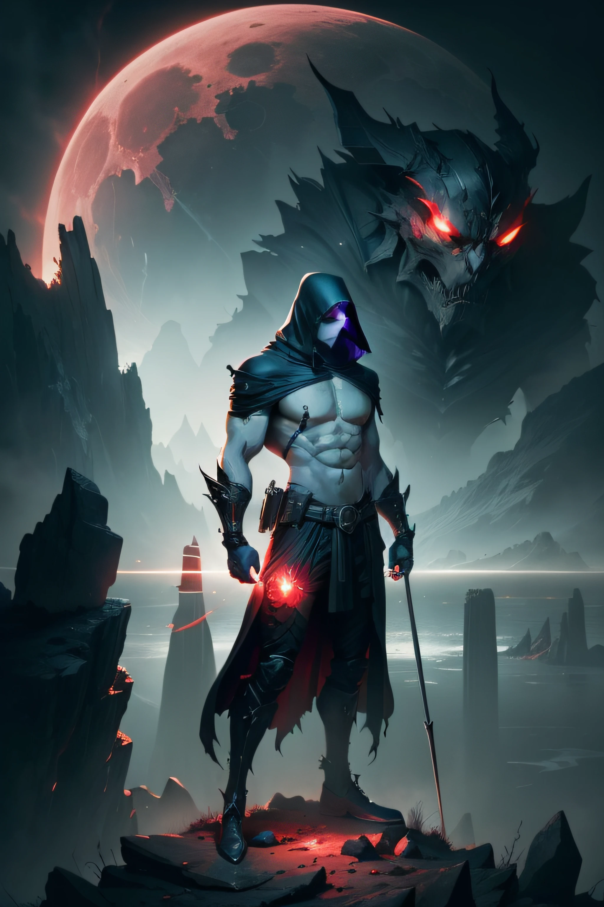Prompt: "Create a cartoonish, minimalist, and abstract image of an athletic man. The man should have a well-built body with defined muscles, emphasizing strength and power. His body should be stylized with clean lines and geometric shapes to achieve a minimalist look.
Add some scary elements to give the image an eerie vibe. Maybe give the man glowing red eyes that pierce through the darkness. Instead of regular hands, depict his hands as sharp claws or metallic appendages. For an abstract touch, you can use bold contrasting colors like dark purples and intense greens, with a stark black background.
To add some context, you can place the man in an otherworldly setting, like a desolate, post-apocalyptic landscape with a blood-red moon in the sky. Show him standing on a cliff or a mound of rocks, as if he's the guardian of this ominous realm.
Feel free to explore your creativity while maintaining the cartoonish and minimalist style. Use striking visual elements that evoke a sense of fear and intrigue.