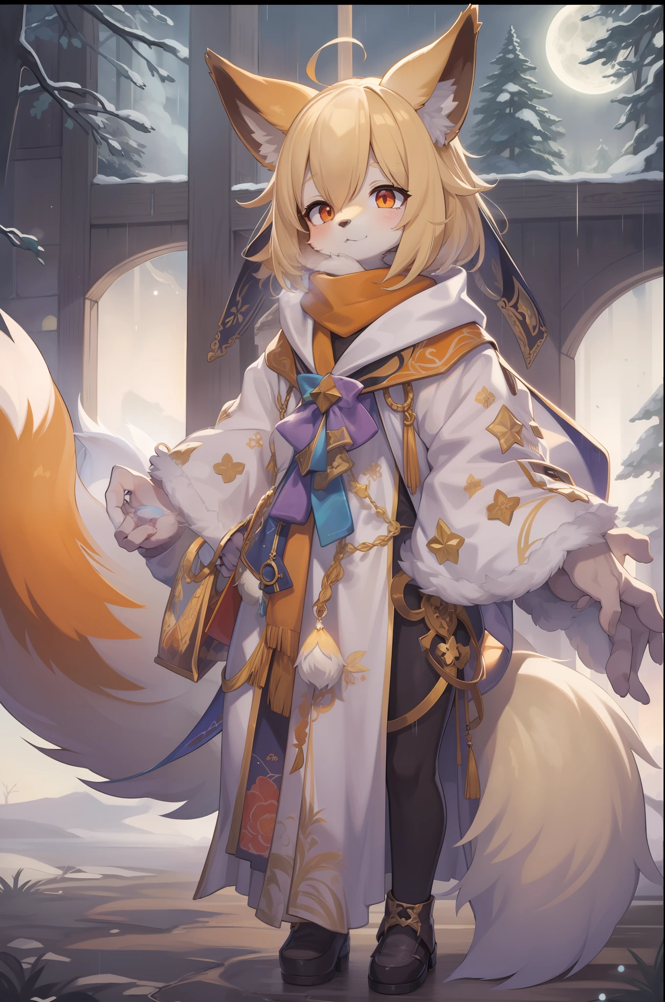 Shota the fox，hairy pubic，shaggy，Skin fur，Golden fur，Golden yellow face fur,Short straight blonde hair，Eyes have light，Red eyes，Brown elements on fur，Brown coat brown hood up，White top，brown shorts，Beautiful lights and shadows，Ambient light，Ultra-fine fur，volumettic light,natural  lightting，fox tails，Fluffy tail，No Man, Glowing tree，Lake, dark scenery, rain，Night，starrysky，Vast landscape，crossed bangs, Hairline, Shiny hair, lone nape hair, ，The smiley face has a faint blush, smiley，Sleepy，（Oversized Full Moon：1.2），（meteors：0.9），（Starcloud：1.3）（Warm light source：1.2），aurora，nevando，snowfield, Extra-long sleeves， Purple and orange，Complicated details，Volumetriclighting，Realist breakthrough（tmasterpiece：1.2）（best qualtiy），4K，Ultra-delicate，（Dynamic configuration：1.4），Highly detailed and colorful details，（Irridescent color ：1.2），（luminouslighting，Atmospheric lighting），dream magical，magic，独奏，Glowing light,Light blush, ，Single