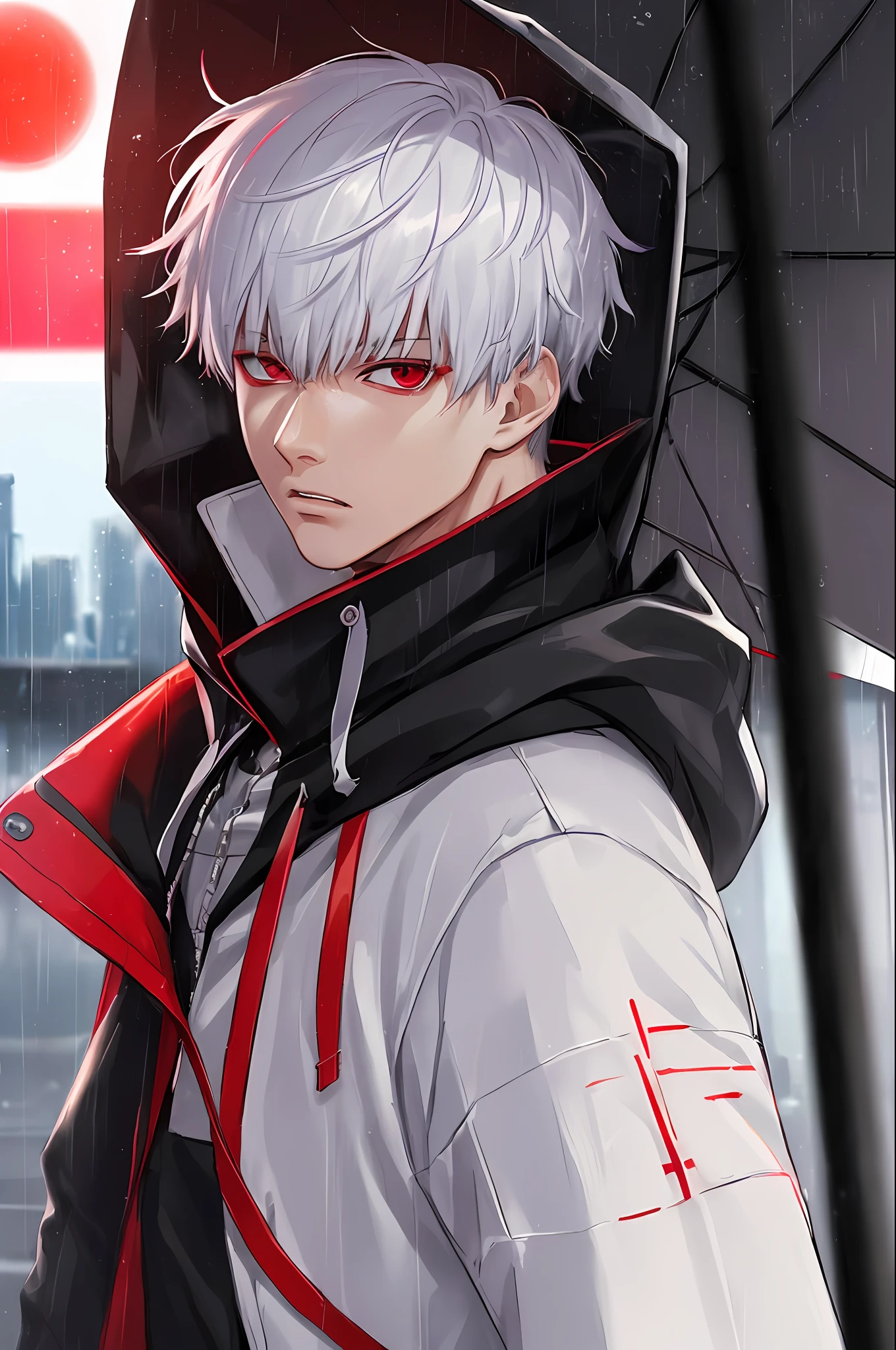 kk, best quality, more details, masterpiece, 1boy, kaneki ken, portrait, male focus, red eyes, solo, bangs, looking at viewer, hood, short hair, rain, tokyo tokyo \(city\),  hood up, nail polish, white hair, luxurious, 8k, detailed, ray tracing, depth of field, cinematic lighting,
