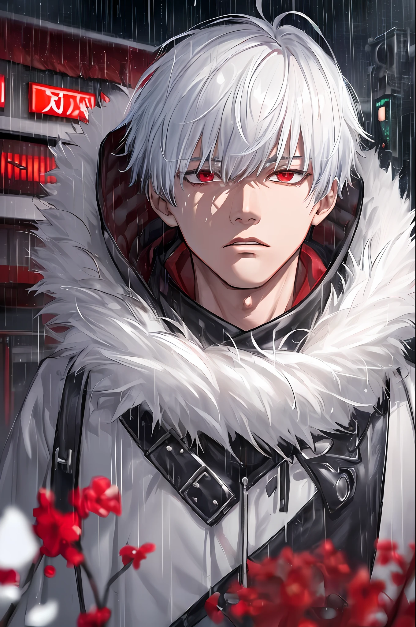 kk, best quality, more details, masterpiece, 1boy, kaneki ken, portrait, male focus, red eyes, solo, bangs, looking at viewer, hood, short hair, rain, tokyo tokyo \(city\), hood up, nail polish, white hair, luxurious, 8k, detailed, ray tracing, depth of field, cinematic lighting,