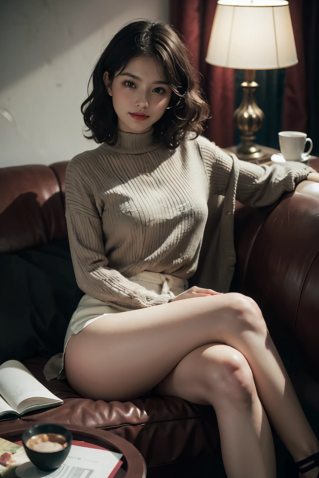 1girl,smirk,curly hair,nositting on a cozy couch,crossing legs,soft light,rejuvenation,retro,film grain,