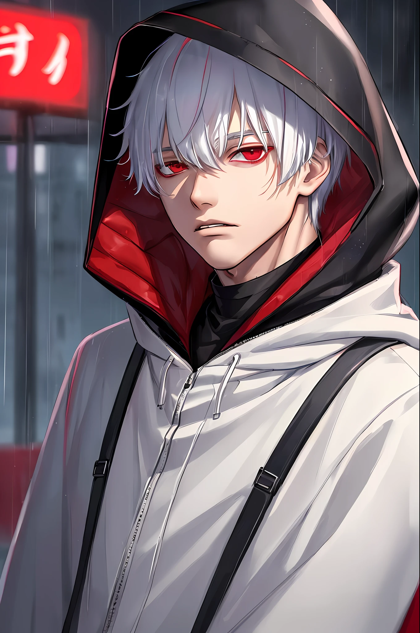 kk, best quality, more details, masterpiece, 1boy, kaneki ken, portrait, male focus, red eyes, solo, bangs, looking at viewer, hood, short hair, rain, tokyo tokyo \(city\),  hood up, nail polish, white hair, luxurious, 8k, detailed, ray tracing, depth of field, cinematic lighting,