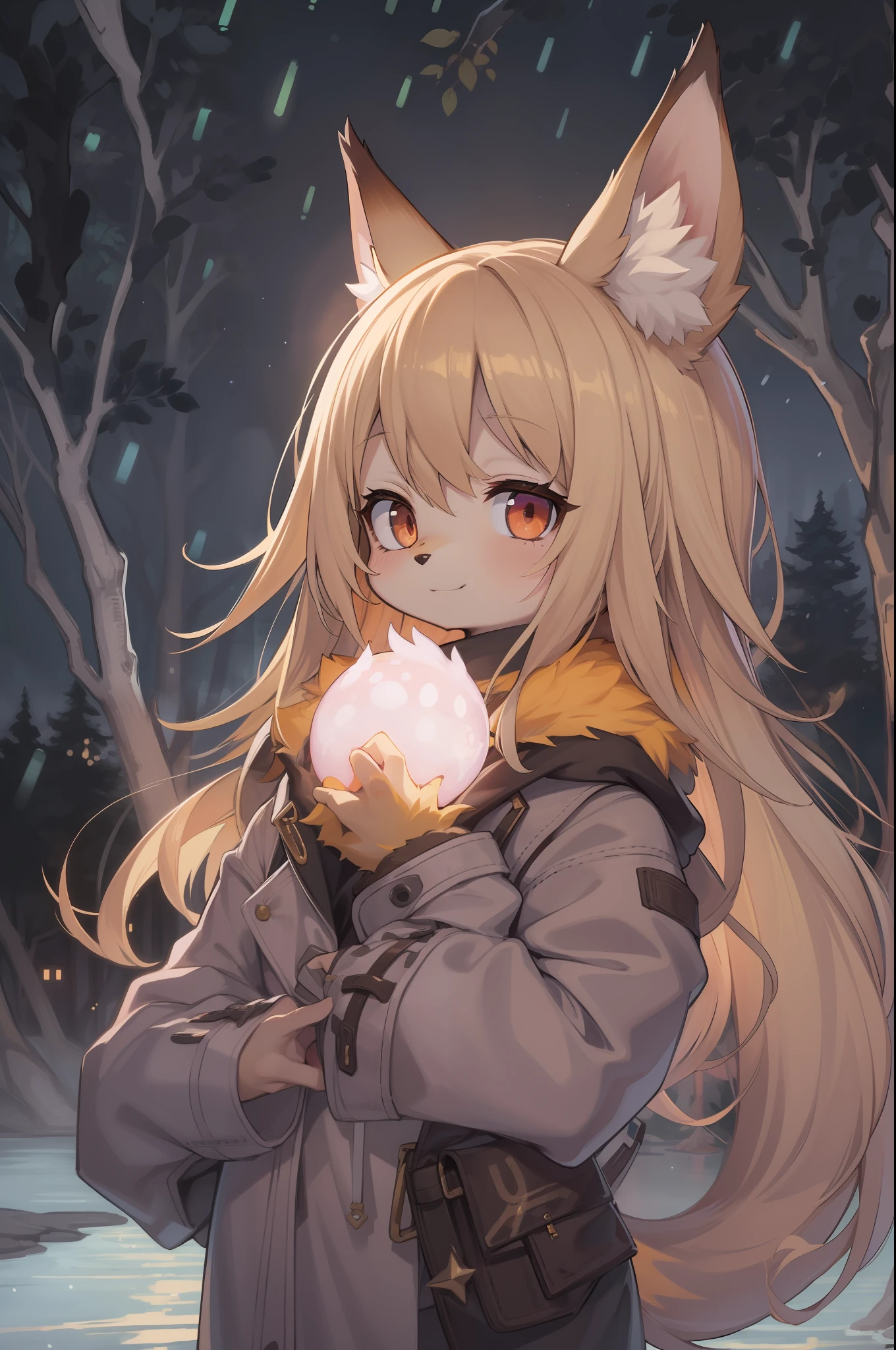 Shota the fox，hairy pubic，shaggy，Skin fur，Golden fur，Golden yellow face fur,Short straight blonde hair，Eyes have light，Red eyes，Brown elements on fur，Brown coat brown hood up，White top，brown shorts，Beautiful lights and shadows，Ambient light，Ultra-fine fur，volumettic light,natural  lightting，fox tails，Fluffy tail，No Man, Glowing tree，Lake, dark scenery, rain，Night，starrysky，Vast landscape，crossed bangs, Hairline, Shiny hair, lone nape hair, ，The smiley face has a faint blush, smiley，Sleepy，（Oversized Full Moon：1.2），（meteors：0.9），（Starcloud：1.3）（Warm light source：1.2），aurora，nevando，snowfield, Extra-long sleeves， Purple and orange，Complicated details，Volumetriclighting，Realist breakthrough（tmasterpiece：1.2）（best qualtiy），4K，Ultra-delicate，（Dynamic configuration：1.4），Highly detailed and colorful details，（Irridescent color ：1.2），（luminouslighting，Atmospheric lighting），dream magical，magic，独奏，Glowing light,Light blush, ，Single