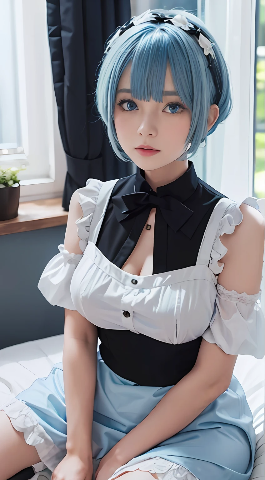 1 girl, maid outfit, short light blue hair, black outfit, maid outfit, bed, exposed shoulders, blue eyes, hairpins, full body, sitting on bed, ((bangs comb on right))), window, sunlight