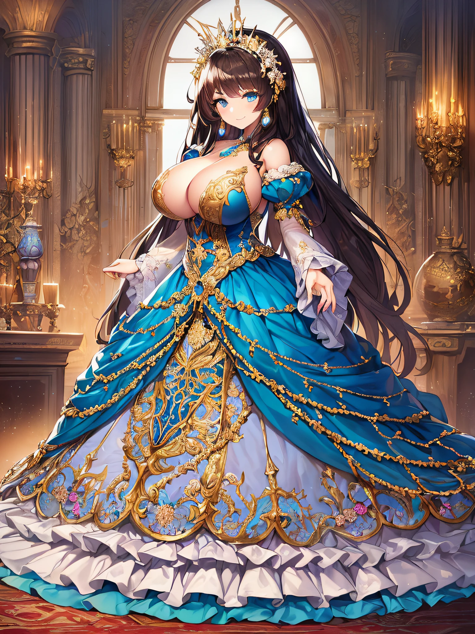 ((anime artstyle)),(Masterpiece),(Best Quality), (Super Detail),((Very Delicate and Beautiful)),((Solo)),((full body)),(((1 princess in beautiful embroidery and jeweled extremely gorgeous rococo ball gown dress with voluminous bouffant skirt))),Long train,gorgeous gemstone jewelry,detailed face and eyes,jewel-like eyes,(seductive smile),((extremely voluminous Very Long Hair,Straight Hair)),((extremely gigantic tits,Long tits)),curvy,skindentation,(gorgeousfull embroidery and lace),gorgeous corsage,See-through,extremely gorgeousfull hair ornament,extremely gorgeousfull glitter jeweled tiara,ornate ruffles,((full body)),((hoop skirt,crinoline)),Dynamic Angle,Looking at viewer,((beautiful embroidery and jeweled extremely gorgeous rococo ball gown dress with voluminous bouffant skirt)),full body