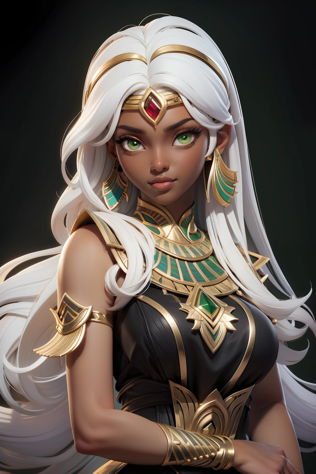 masterpiece, best quality, 1 girl, lime green eyes, dark skin, white hair, long hair, gold earrings, egyptian, jewelry, black dress, simple background, solo, upper body, curly hair