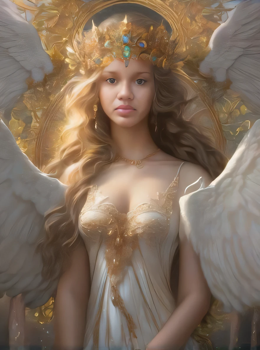 A woman with angel wings and a golden halo, Retrato de um anjo bonito, anjo bonito, anjo feminino bonito, de anjo lindo, Um retrato impressionante de uma deusa, cheio de pinturas de anjos, Retrato de uma bela deusa, de uma menina anjo bonita, karol bak uhd, deusa bonita, retrato bonito da menina do anjo, Ethereal Angelic Being of Light, arte wlop