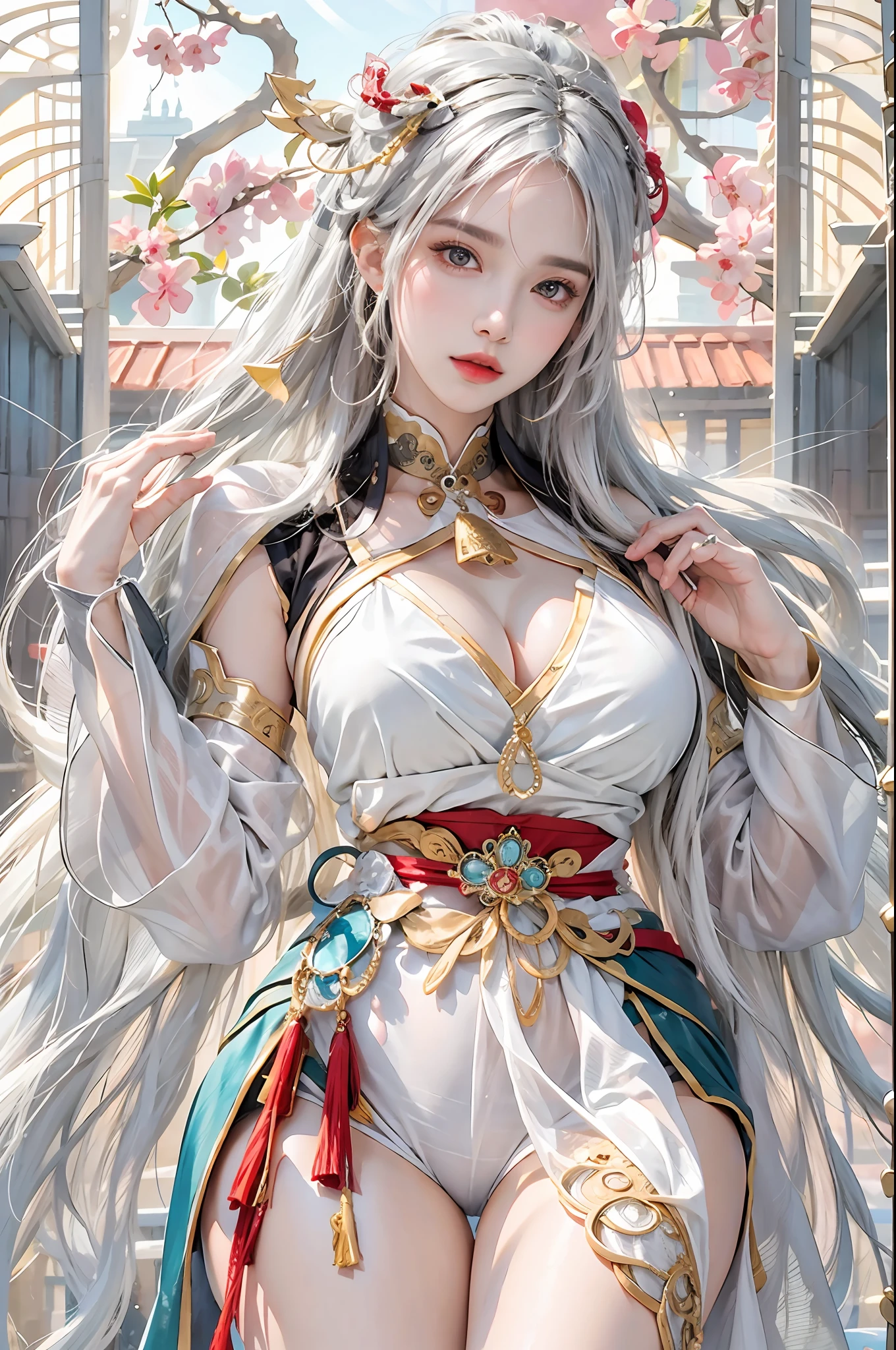 photorealistic, high resolution, 1women, solo, hips up, look at viewer, (detailed face), narrow waist, closed lips, white hair, long hair, ganyu costume, genshin impact, jewelry