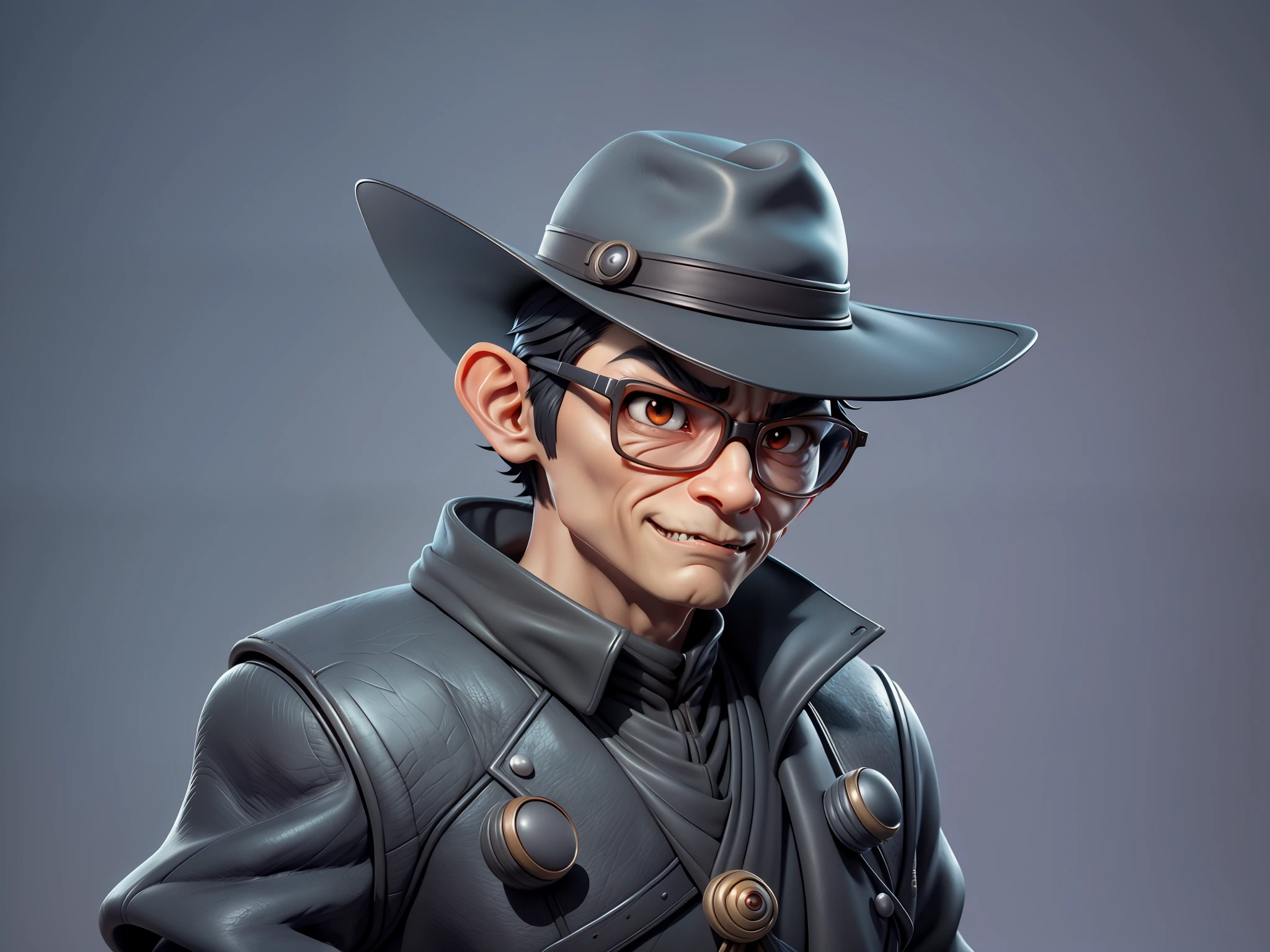 Young man with oriental face in leather hat, dragon, formal suit, short black hair, silver glasses, digital painting, 3D character design by Mark Clairedon and Pixar and Hayao Miyazaki and Akira Toriyama, the illustration is a high-definition illustration in 4K resolution with very detailed facial features and cartoon-style visuals.