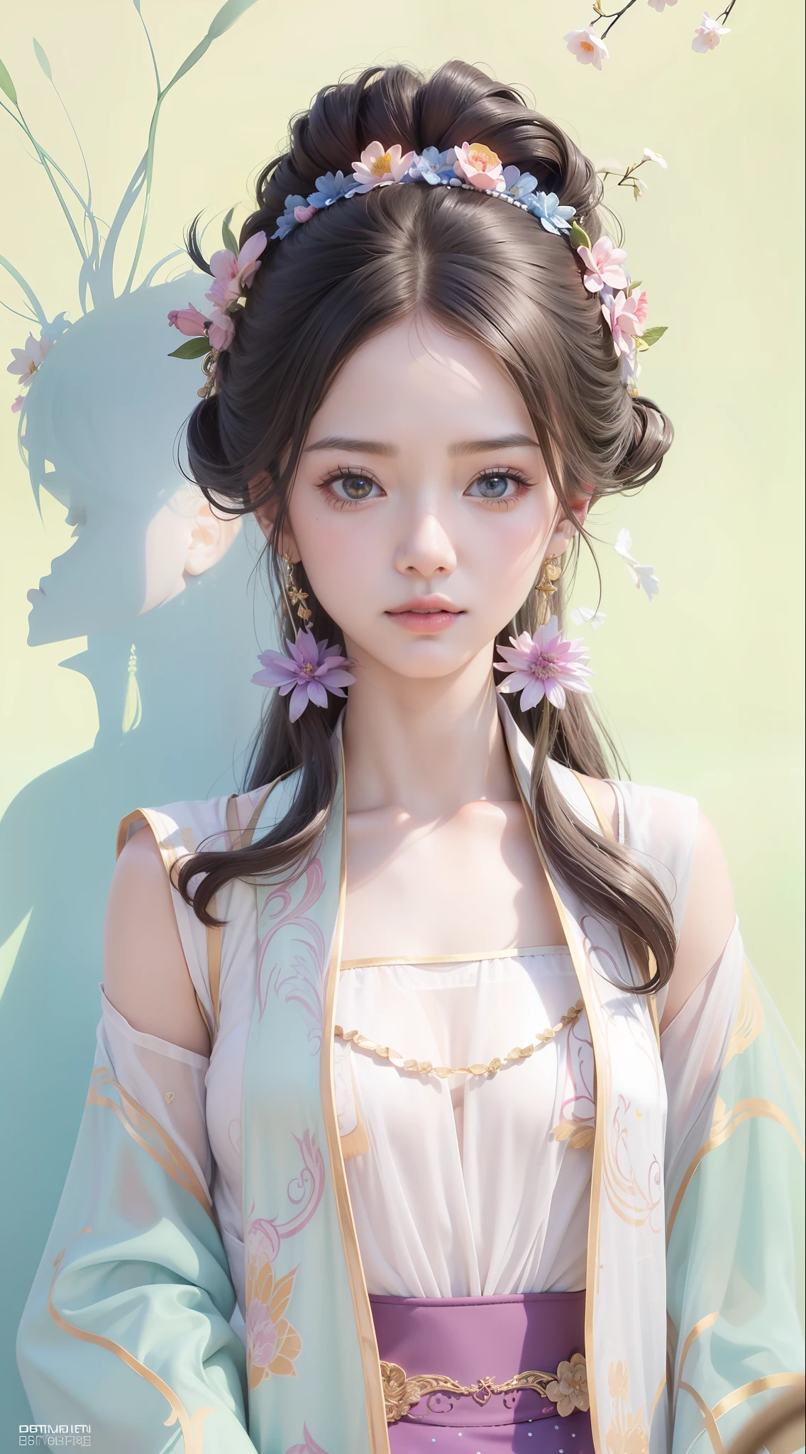 Dunhuang style, 1girle, (realistic, photorealistic :1.3), (((dance))), extremely delicate beautiful girl, supple fair skin, delicate facial features, perfect face, light makeup, peach blossom eye makeup, sexy collarbone, portrayed hand details, delicate hands, delicate eyelashes, delicate eyes, bare shoulders, stunning beauty, extreme details, realistic details, best quality, highly detailed, masterpiece, shoulder, navel, flying pipa girl, The background is a Dunhuang mural, dance moves, one hand raised above the head, One hand stretched forward, Buddhist pose, gray hair, long hair, complex hair accessories, Chinese hairpins, fluttering ribbons, dynamic perspective, hair bubbles, flowers on the head, gradient eyes, smile, surrealism, high detail, romanticism, cinematic lighting, glitter, reflected light, UHD, retina, masterpiece, super detail, textured skin, anatomically correct, high detail, best quality, high resolution, high quality, award-winning, 8K