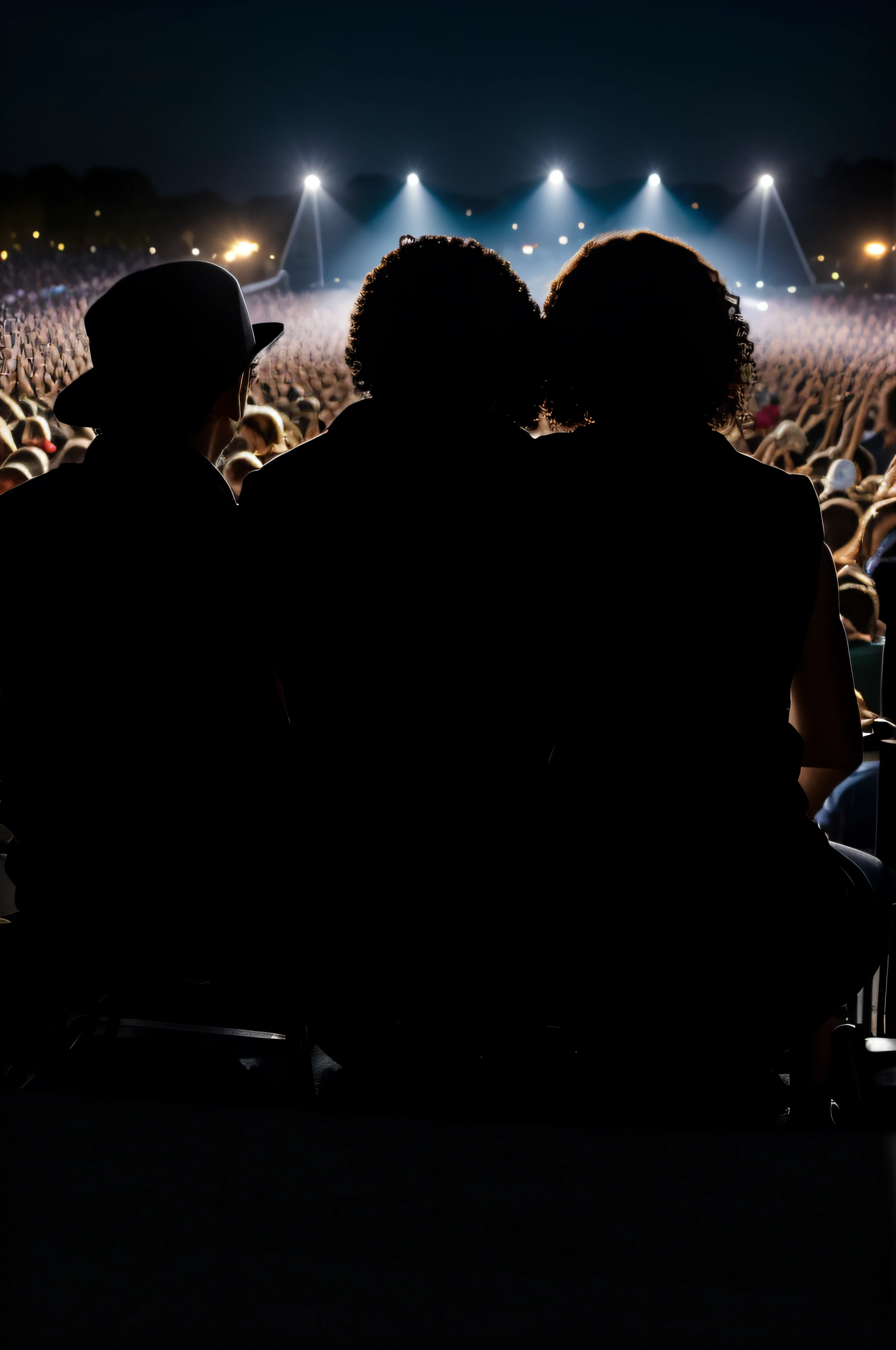 telephoto shot of people at a concert from behind without seeing any faces and hands, all very close together.