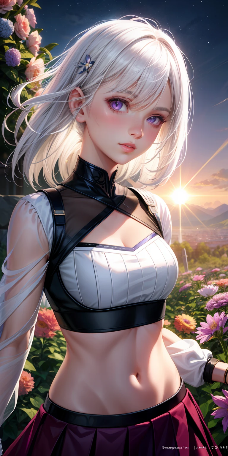 realistic, 1girl, white hair, purple eyes, glowing eyes, crop top, skirt, parted lips, blush, night, flowers, sun, sunlight,