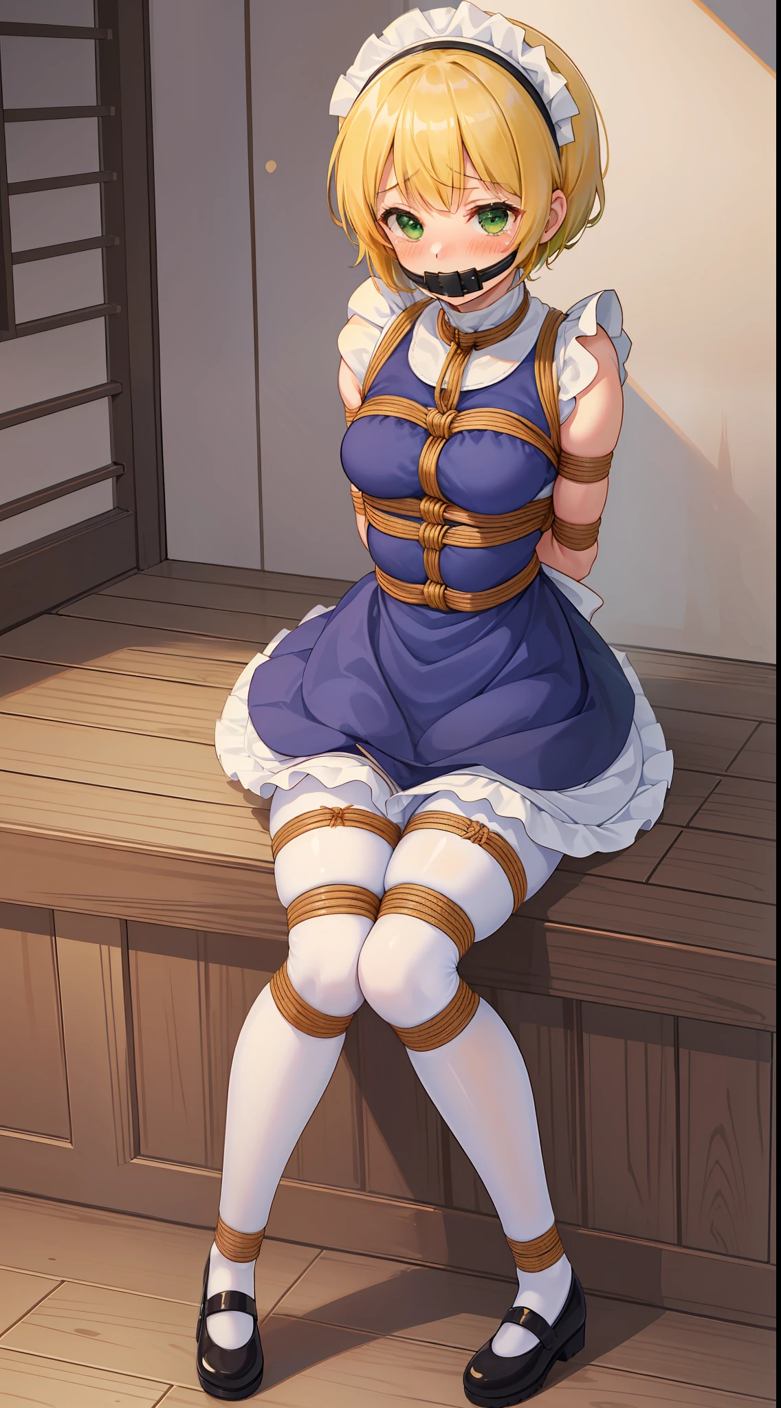 masterpiece, best quality, ((huge_filesize)), ((game_cg)),((girl)),(()),((((arms_behind_back)))),((((legs together)))),((gochuumon_wa_usagi_desu_ka?)),((((kirima_syaro)))),((small breasts)), yellow hair,((short hair)),green eyes,((blush)), ((tears)), ((shy)),((((maid)))),((white pantyhose)),((((mary_janes)))),((((bondage)))), ((((shibari)))),((bound knees)),((bound thighs)),((bound legs)),((gag)),