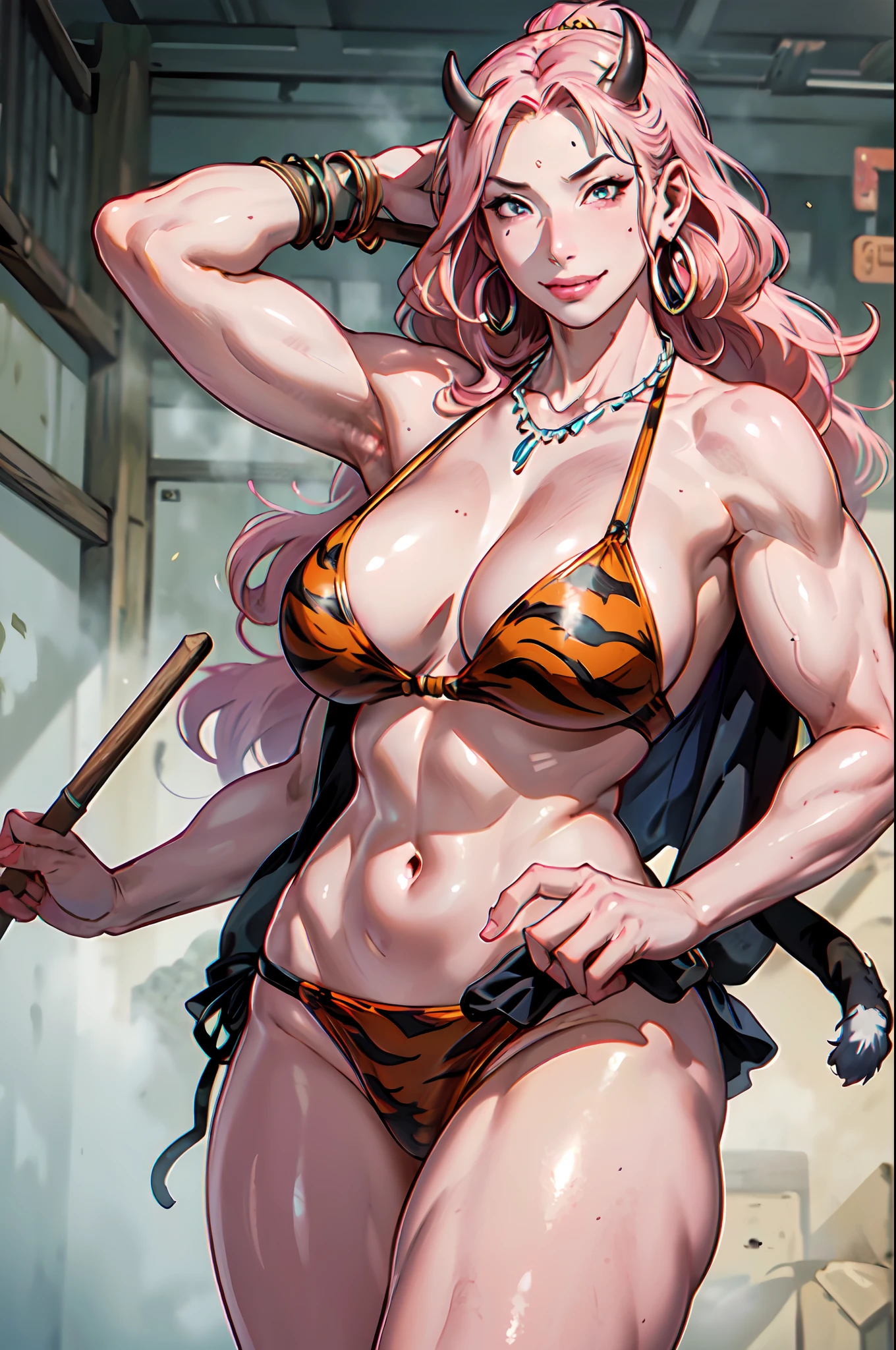 (((Oni, pink skin))), glamorous proportion, toned female, muscular,  tiger printed, ogre, cudgel, evil smile, fur, bikini armor, Earrings, accessories, necklaces, jewelry, Mystical accessories, Sharp fangs, Loincloth, Wild hair, Menacing expression, ((masterpiece)), ((official)), best quality,   (amazing fine details)+, high resolution, all intricate, line drawing, awesome  many layers,