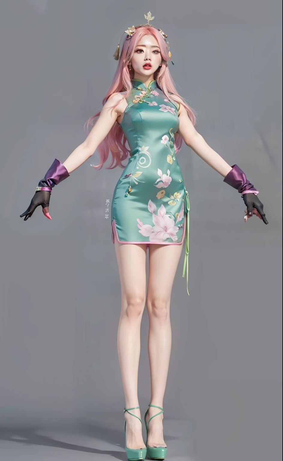 "Perfect,4K,Live cos,A pink-haired,mitts,climaxing,Green cheongsam,green high heels,"