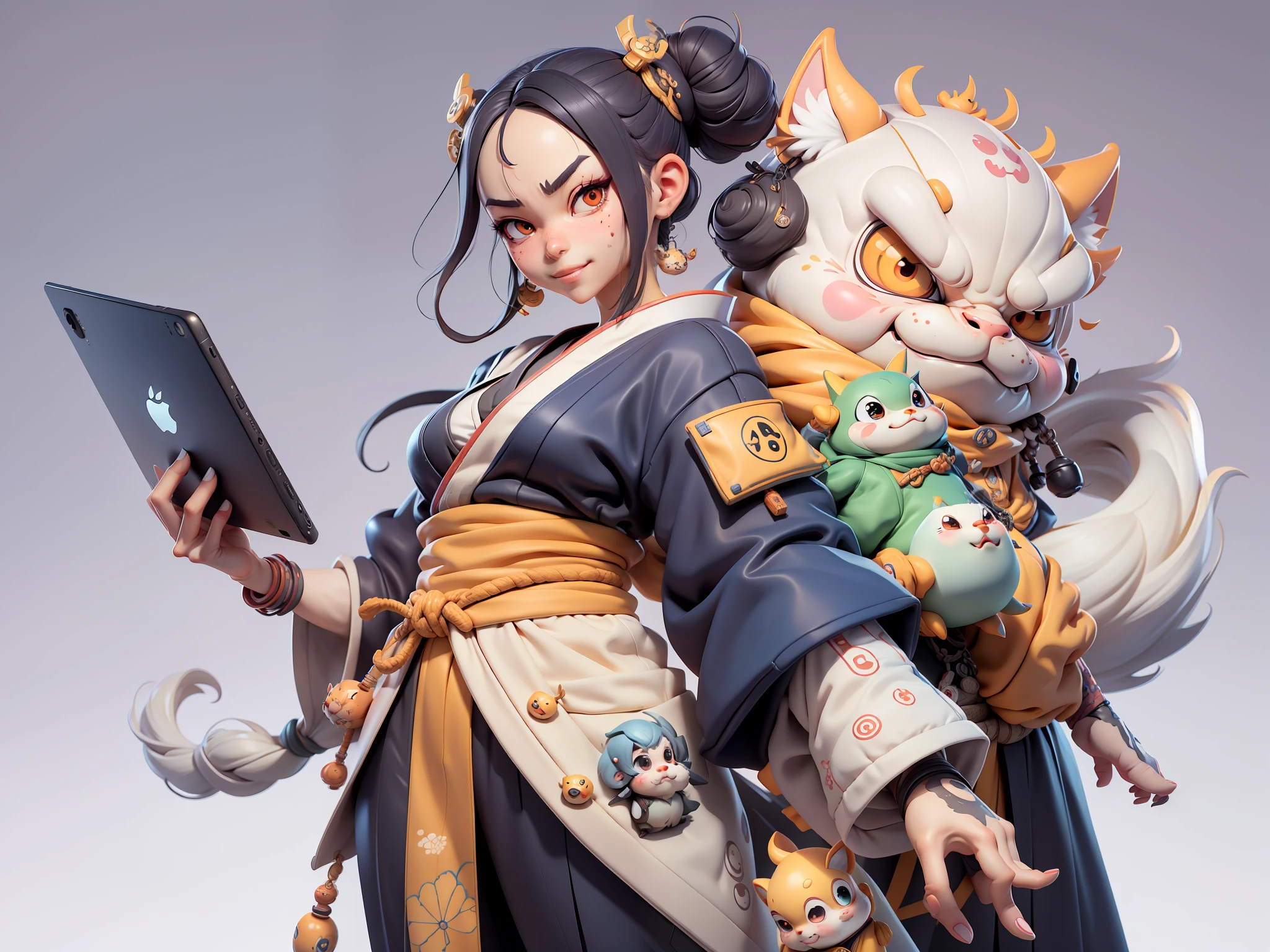 (Daisaku),(Need),(Super meticulous),(full bodyesbian:1.2),Japanese ukiyo-e girl,japanese geisha,Beautiful,Oriental dragon,Aeolian Thor,Raised sexy,爆乳,Oriental face,TV Anchor,Bust portrait illustration,Alone,In black suit,a blue tie,The face is slightly chubby,The face was clean,without a beard,Black super short hair,Black eyes,Smile confidently,3C computer sub-products,iPad, iphone,Digital painting,3D character design by Mark Clairen and Pixar and Hayao Miyazaki and Akira Toriyama,The illustration is a high-definition illustration in 4K resolution,With very detailed facial features and cartoon-style visuals。