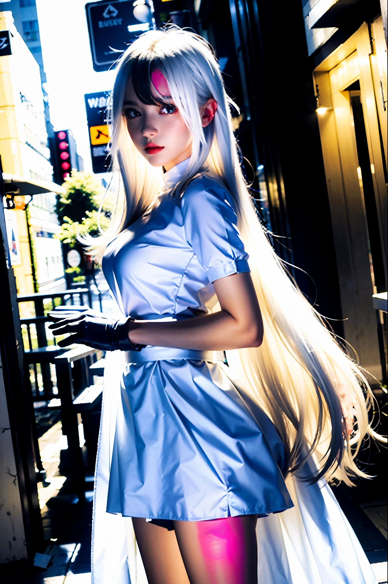 sublime masterpiece, 8k photo, ung girl, flawless white skin, looking ahead, long white hair, white dress, black long gloves, black high shoes, in urban area, right hand up with fingers open