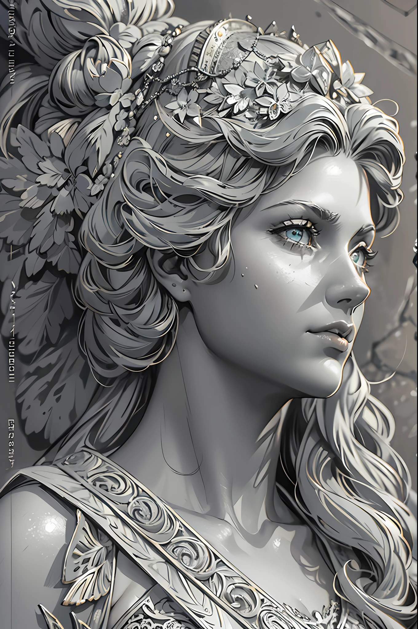 Masterpiece, photo realistic, 8 k, bust shot, hyper detailed, royal, Beautiful elegant Caucasian 20 year old woman, vintage hairstyle and clothing, imagined as a intricate extremely detailed stone statue, monochromatic