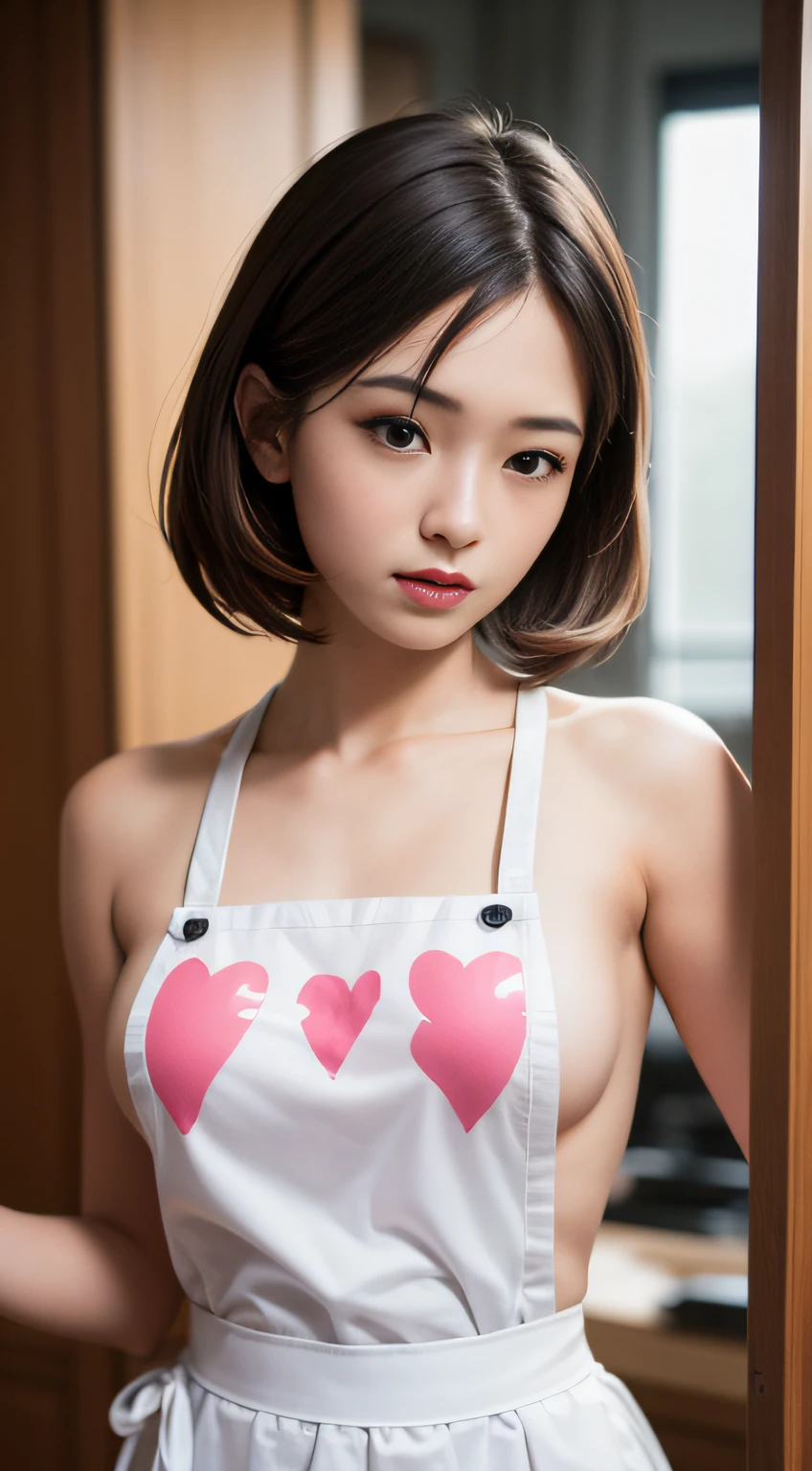 2girls,aprons,NAKED Apron,Heart print,hindquarters,Best quality,Highly detailed,A high resolution,8K,Realistic,Focus,Depth of field