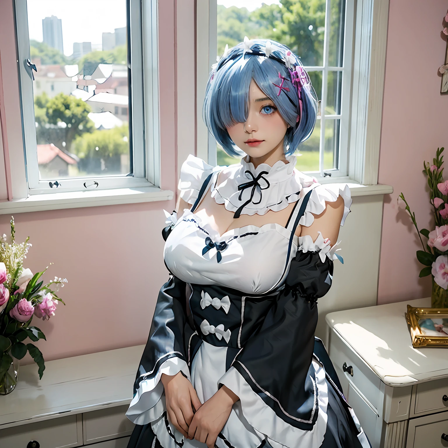 r_Big breasts and big breasts_m, 1girll,(Beautiful face:1.25) Short blue hair, Blue eyes, hair on one eye, hair adornments, pink hairband, rem's maid uniform, Detached sleeves,  Upper body, standing,Indoors, Living room, sofe, gauges, window