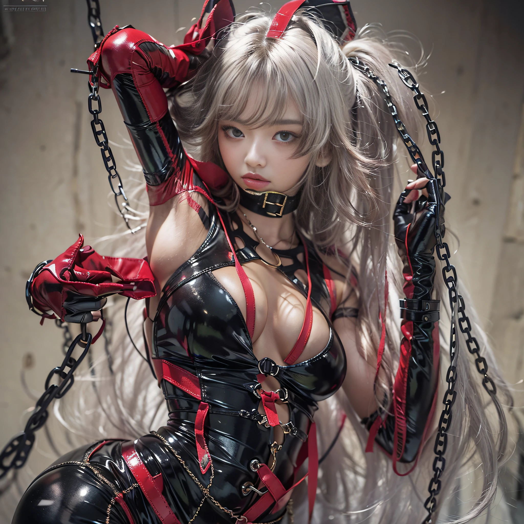 ((masterpiece:1.4)、(top-quality:1.4)、(reallistic:1.7))、portrait shooting、a beauty girl、Sexy Daughter、1girl in、Bondage style、latex shiny、Latex bodysuit、By Luis Royo、age19、Ultra Ultra Bikini、Looking Back Beauty、Outstanding style、Slender Abs、beauty legs、Beautiful ass、A detailed eye、Raw photo、red-lips、Red high heels、a choker、a necklace、耳Nipple Ring、