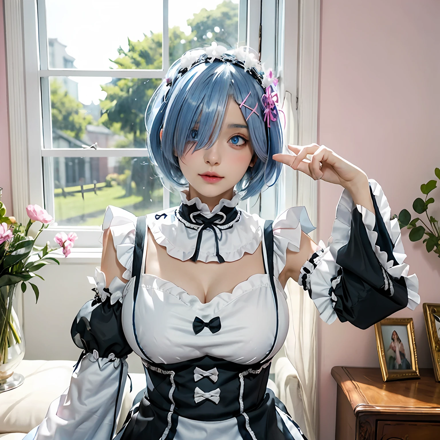 r_Big breasts and big breasts_m, 1girll,(Beautiful face:1.25) Short blue hair, Blue eyes, hair on one eye, hair adornments, pink hairband, rem's maid uniform, Detached sleeves,  Upper body, standing,Indoors, Living room, sofe, gauges, window