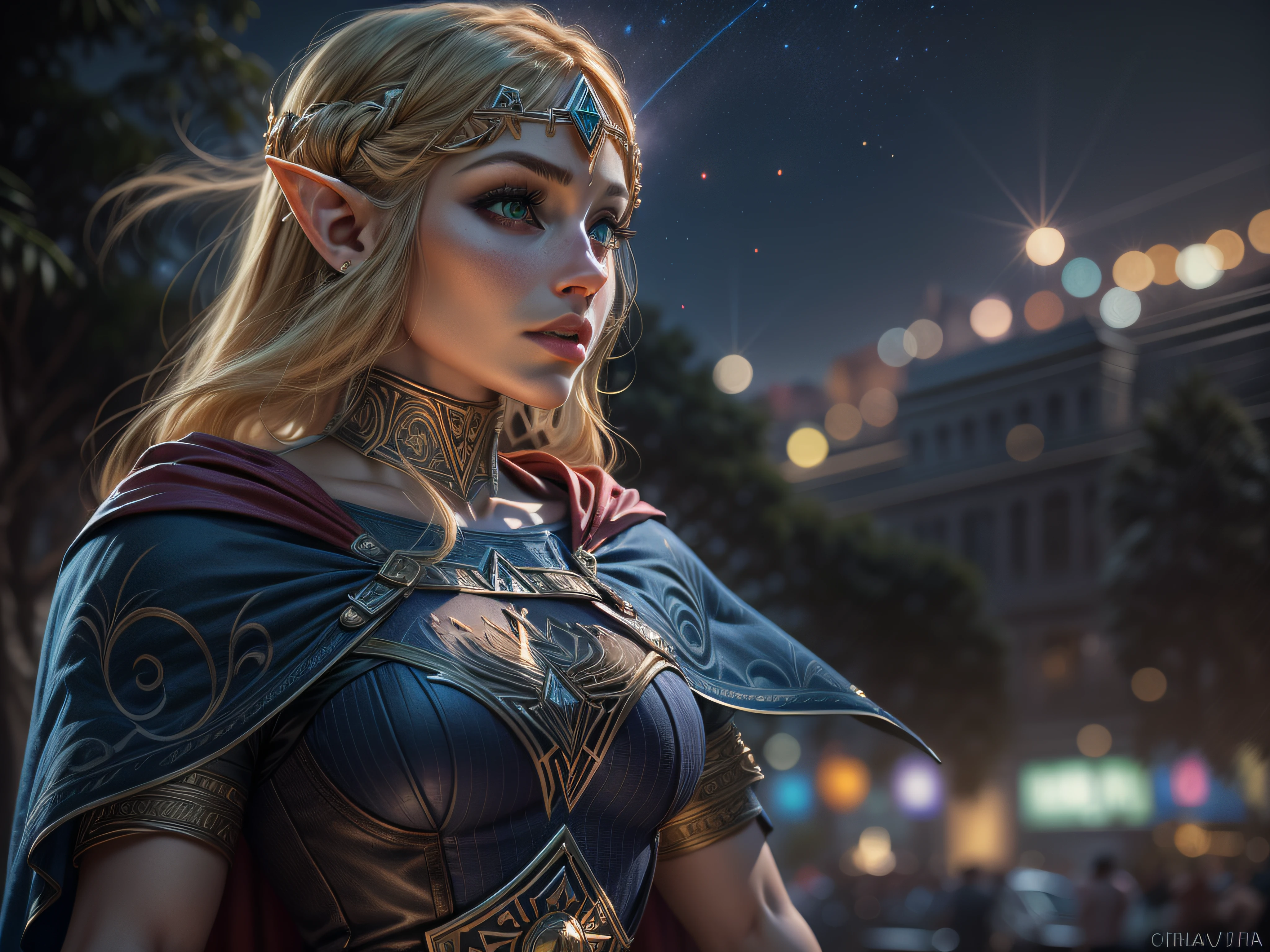 Closeup on an imposing Princess Zelda dressed as Supergirl in a glorious appearance, cheia de orgulho, olhar vitorioso, ricamente detalhada, Hiper realista, 3D-rendering, obra-prima, NVIDIA, RTX, ray-traced, Bokeh, Night sky with a huge and beautiful full moon, estrelas brilhando, campos do Reino de Hyrule,